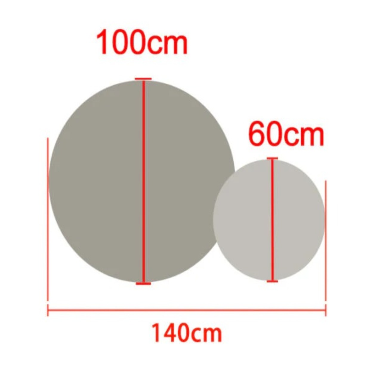 Twee cirkels, 100 cm en 60 cm, totale breedte 140 cm.