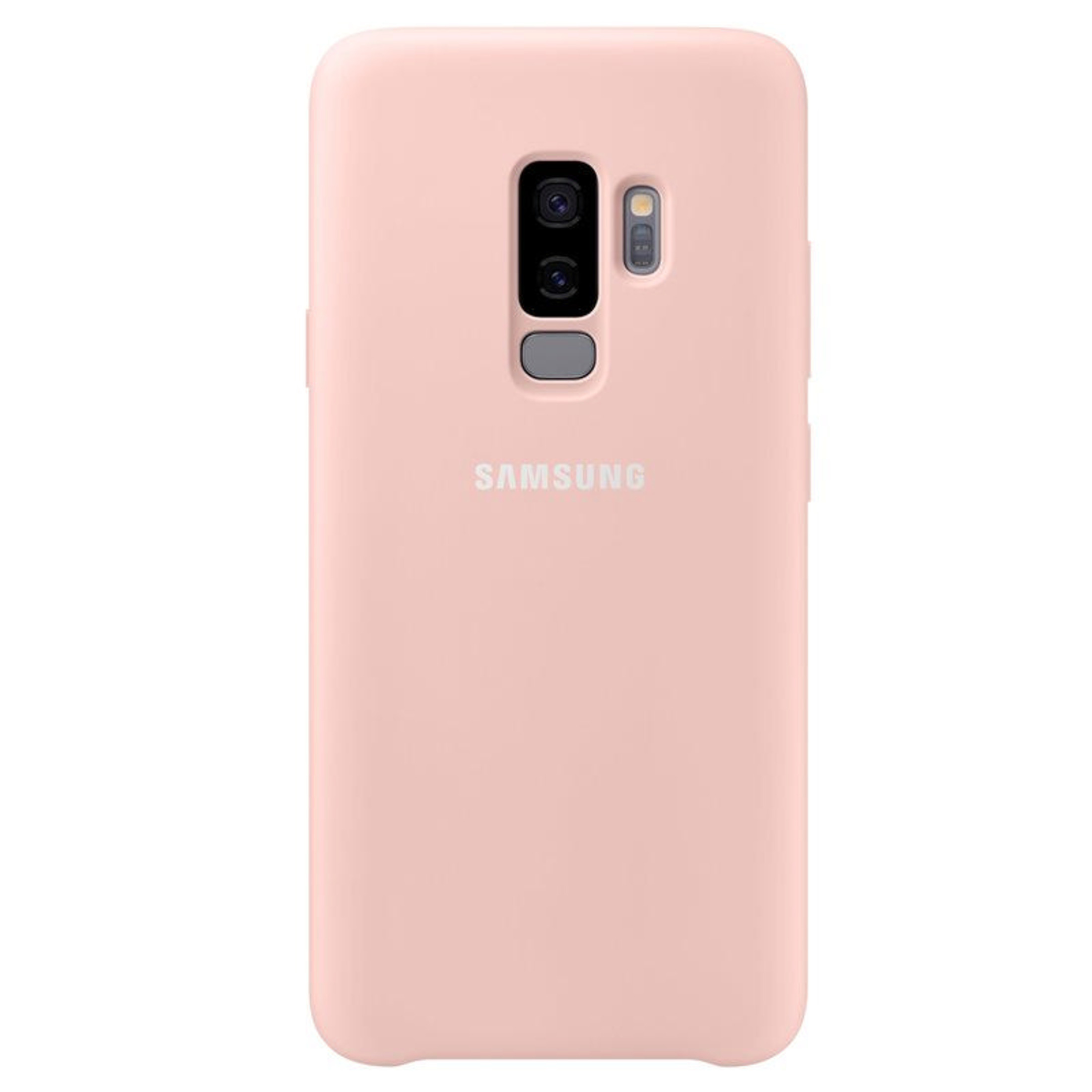 Una cover rosa pallido per Samsung con doppia fotocamera e sensore impronte.