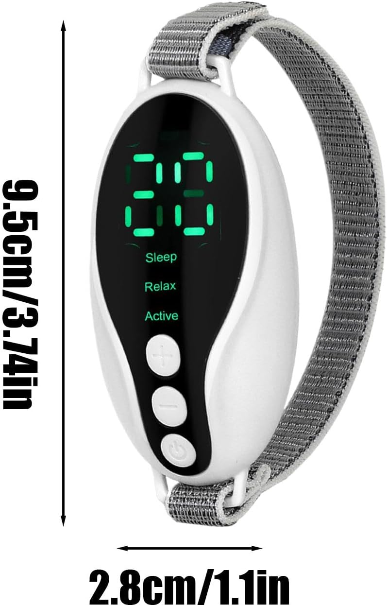 Ein weißes Gerät mit einem grauen Armband, das einen digitalen Bildschirm anzeigt.