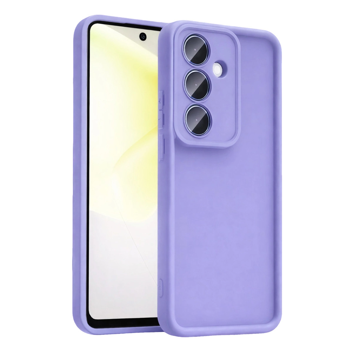 Üç kamera lensli ve flaşlı mor telefon kılıfı.