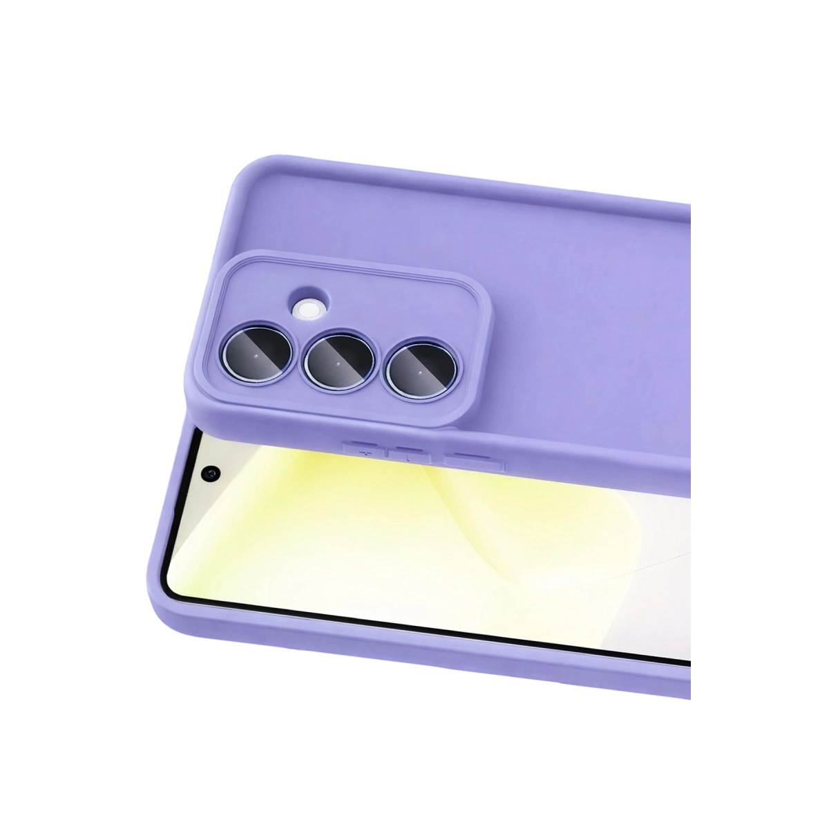 Üçlü kamera kesimli, açık mor telefon kılıfı ve görünür ekran.