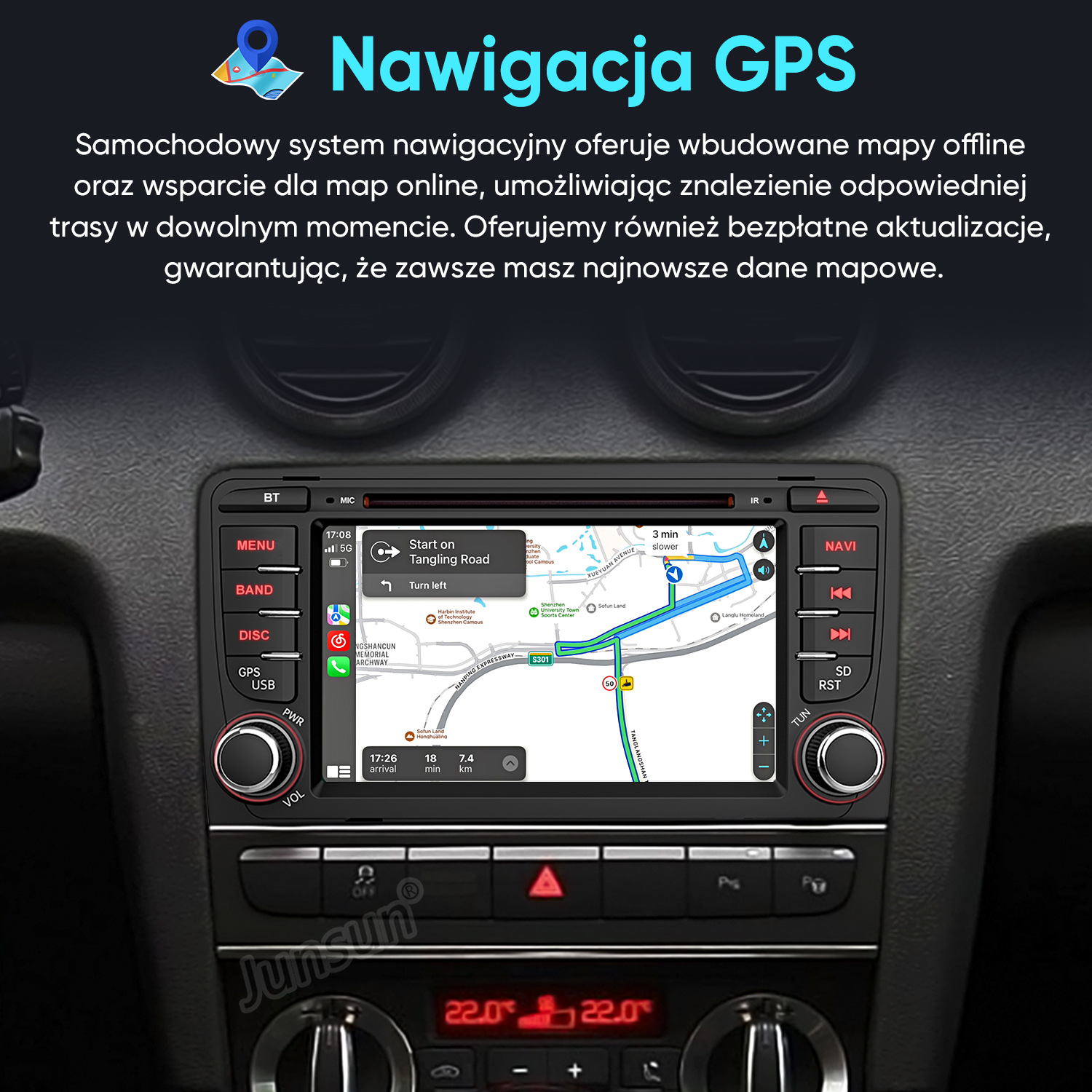 Deska rozdzielcza samochodu z ekranem nawigacji GPS pokazującym trasę.