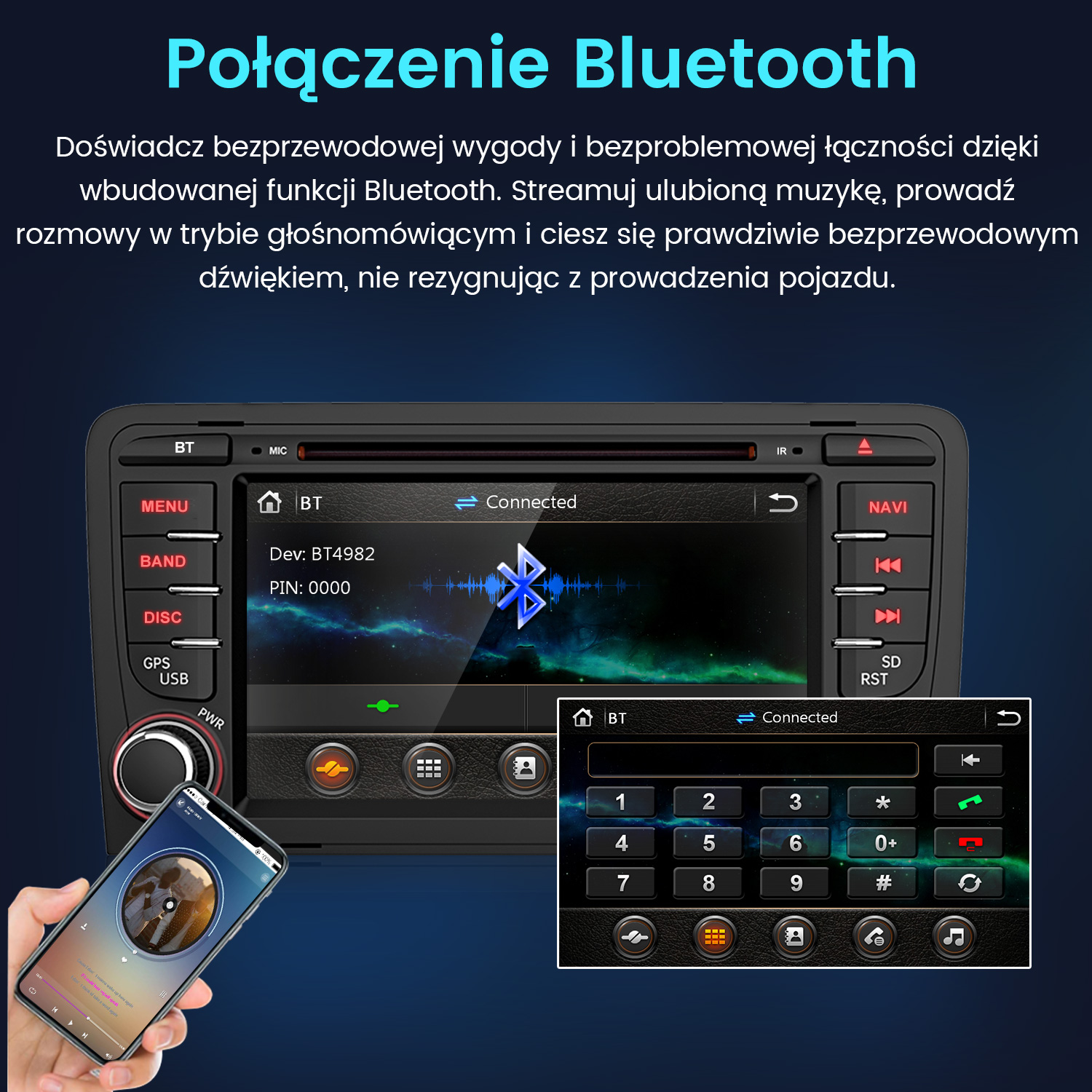 Smartfon łączy się z radiem samochodowym. Cyfrowa klawiatura na ekranie.