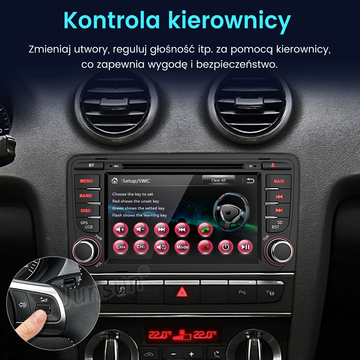 Mężczyzna używa przycisków na kierownicy samochodu do systemu multimedialnego.