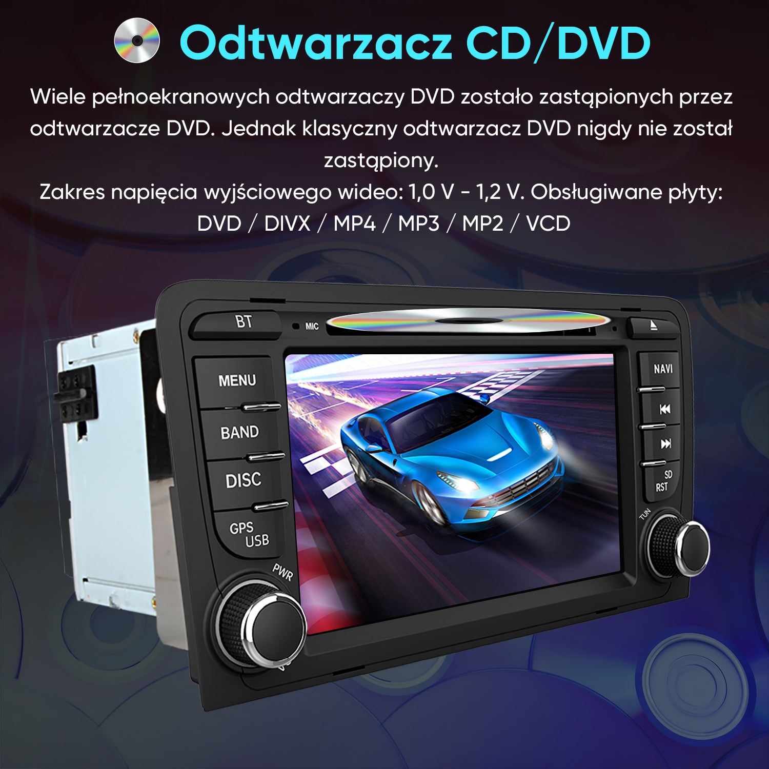 Radio samochodowe z odtwarzaczem CD/DVD, wyświetla niebieski samochód sportowy.