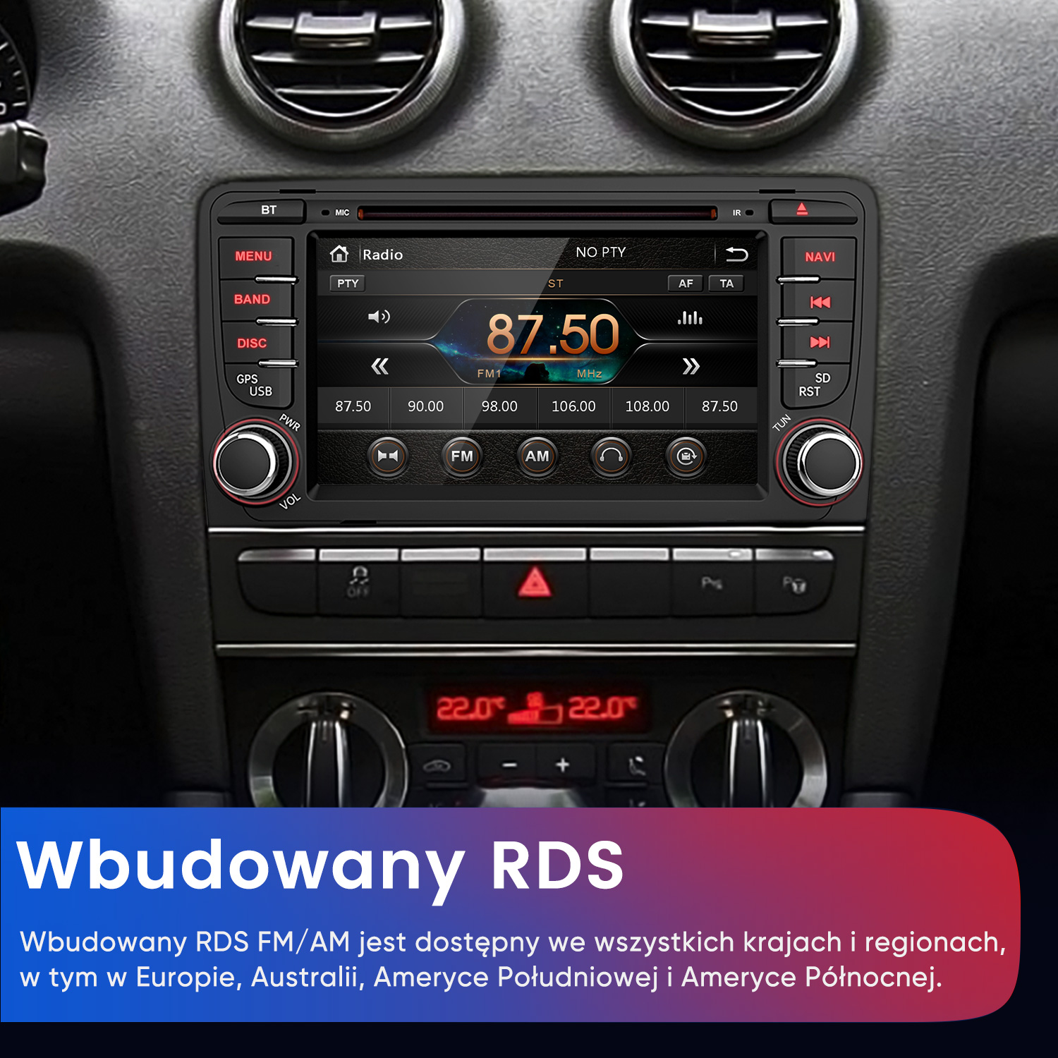 Radio samochodowe z cyfrowym wyświetlaczem pokazuje 87.50 FM1 MHz.