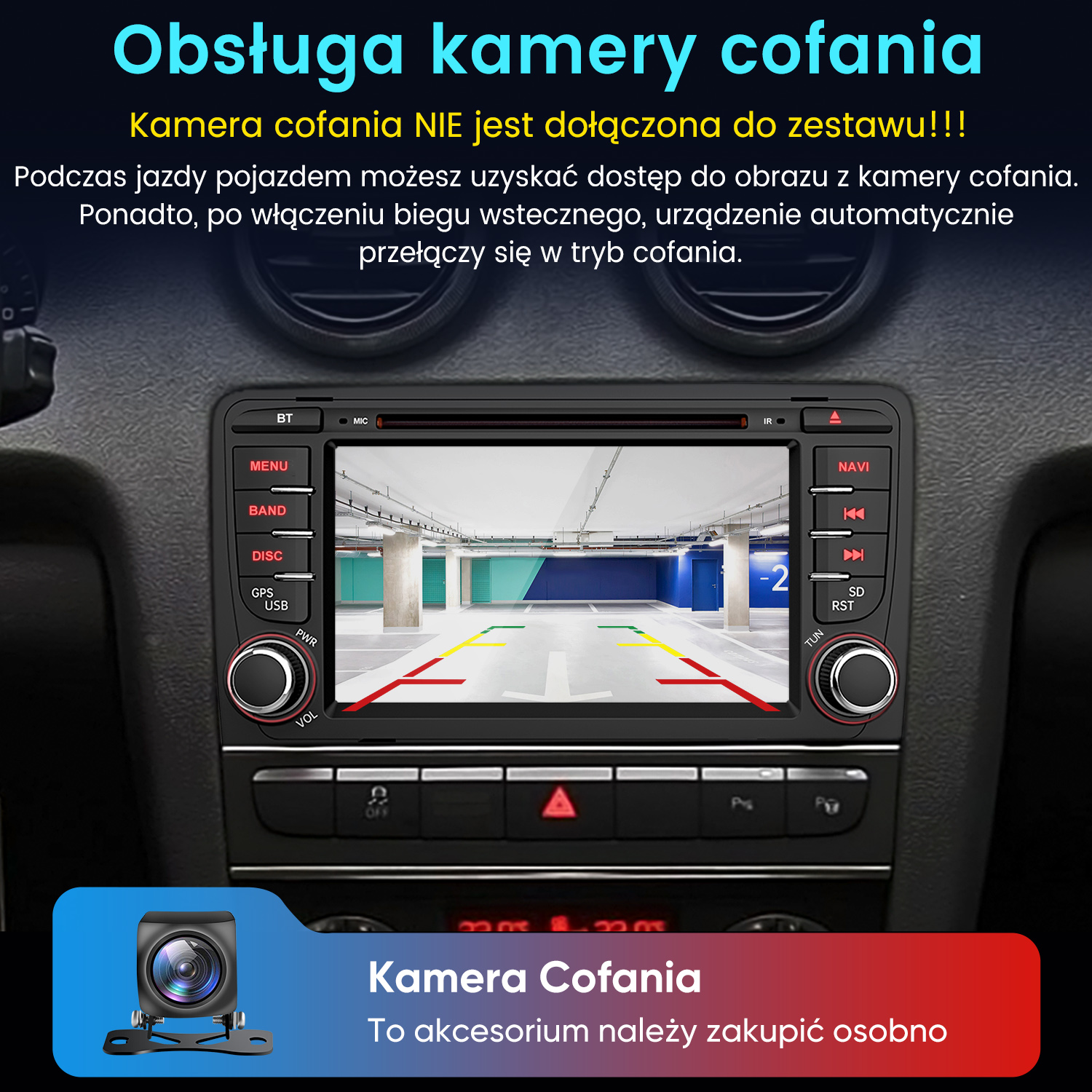 Ekran samochodu pokazuje widok kamery cofania parkingu z liniami.