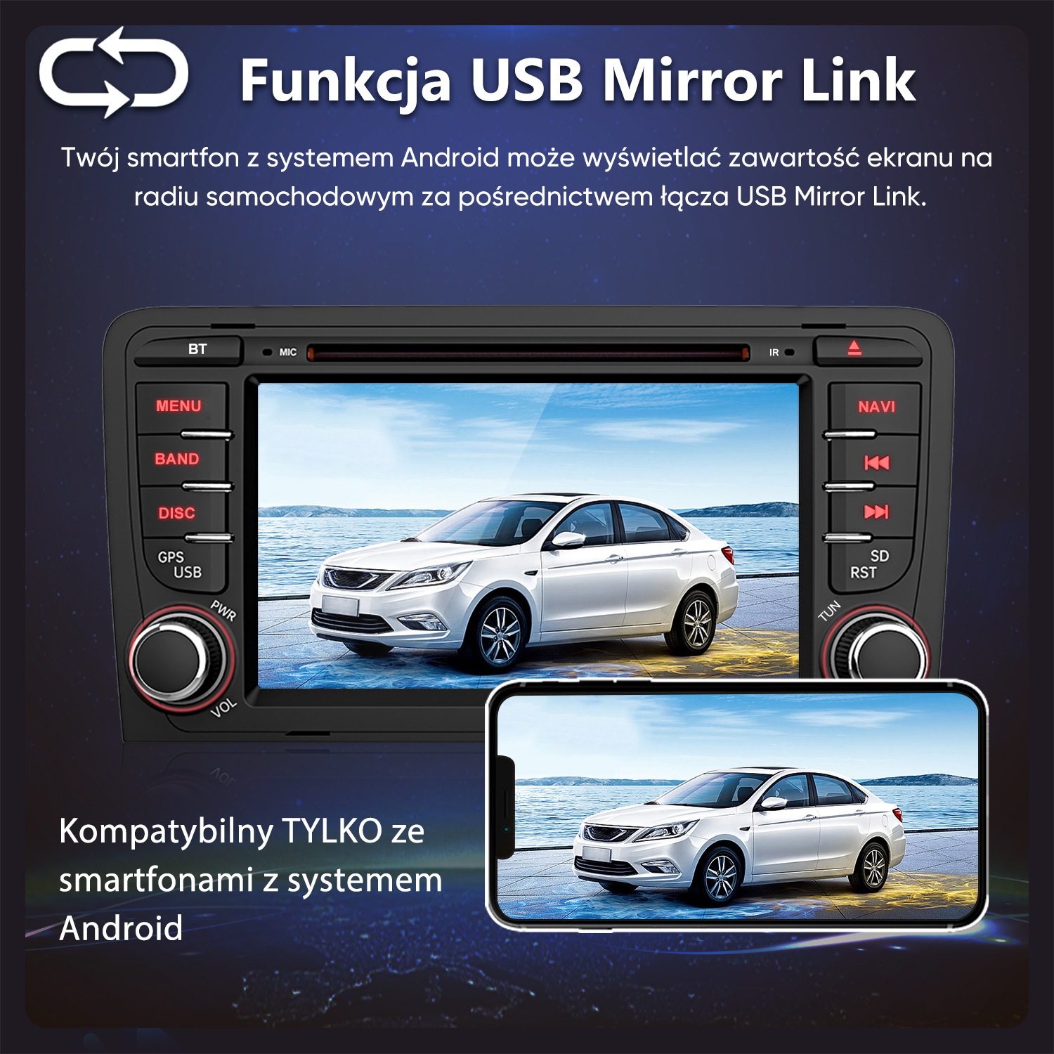 Radio samochodowe wyświetla białe auto. Smartfon odzwierciedla obraz.