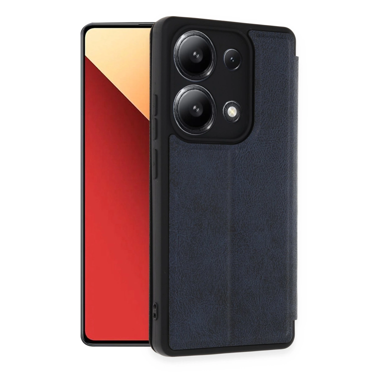 Arkada üç kamera ve flaşlı mavi telefon kılıfı.