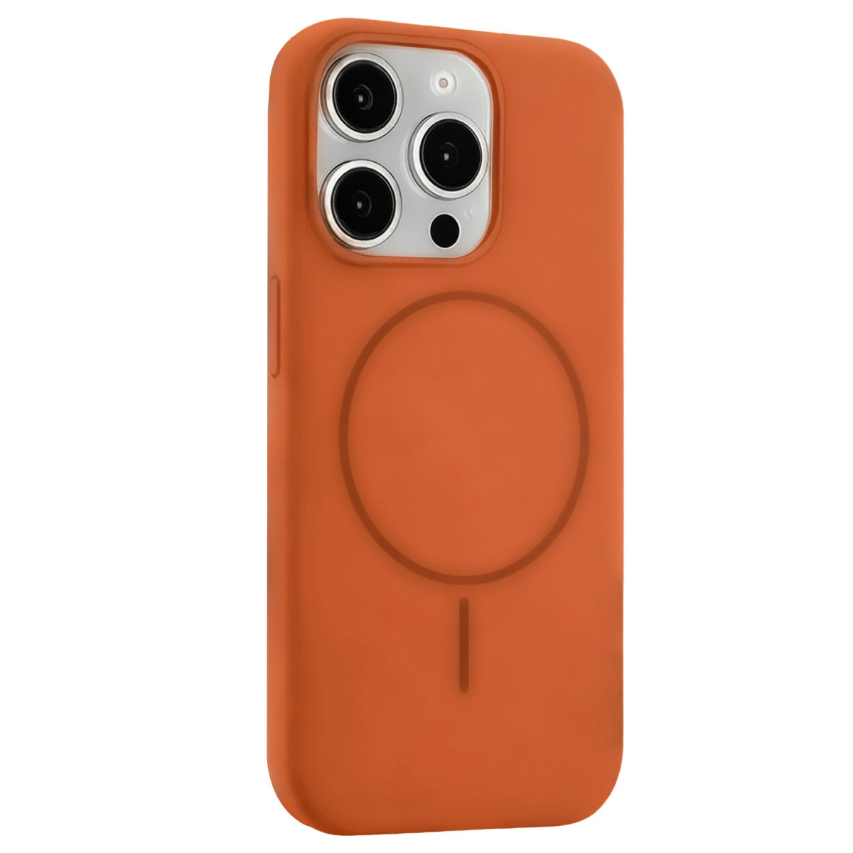 Kamera oyuntulu ve manyetik halkalı turuncu telefon kılıfı.