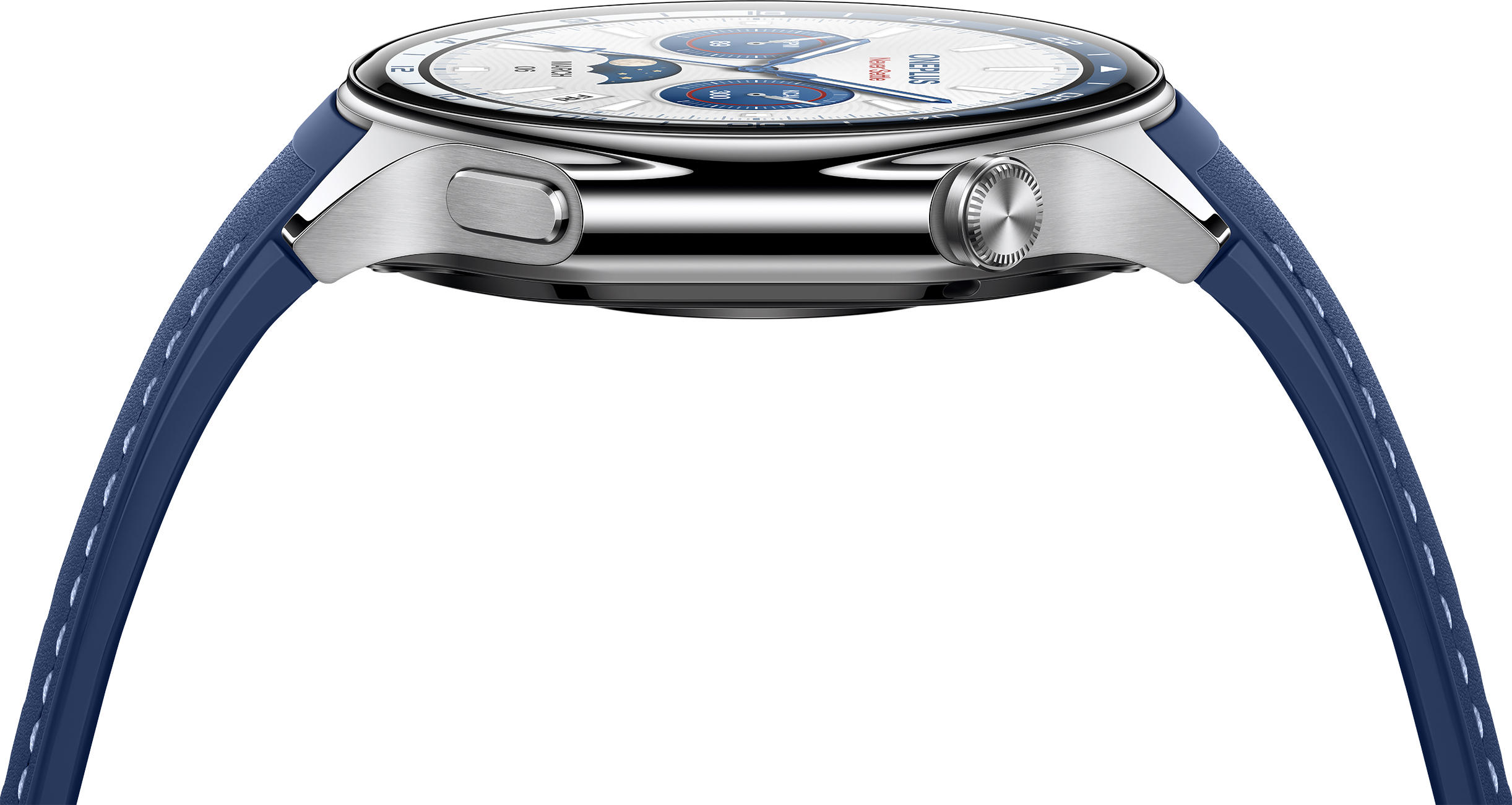 Uno smartwatch con cassa argentata e cinturino in pelle blu.