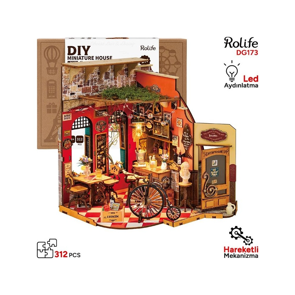 Bisikletli, masalı, sandalyeli ve LED aydınlatmalı DIY minyatür ev kiti.
