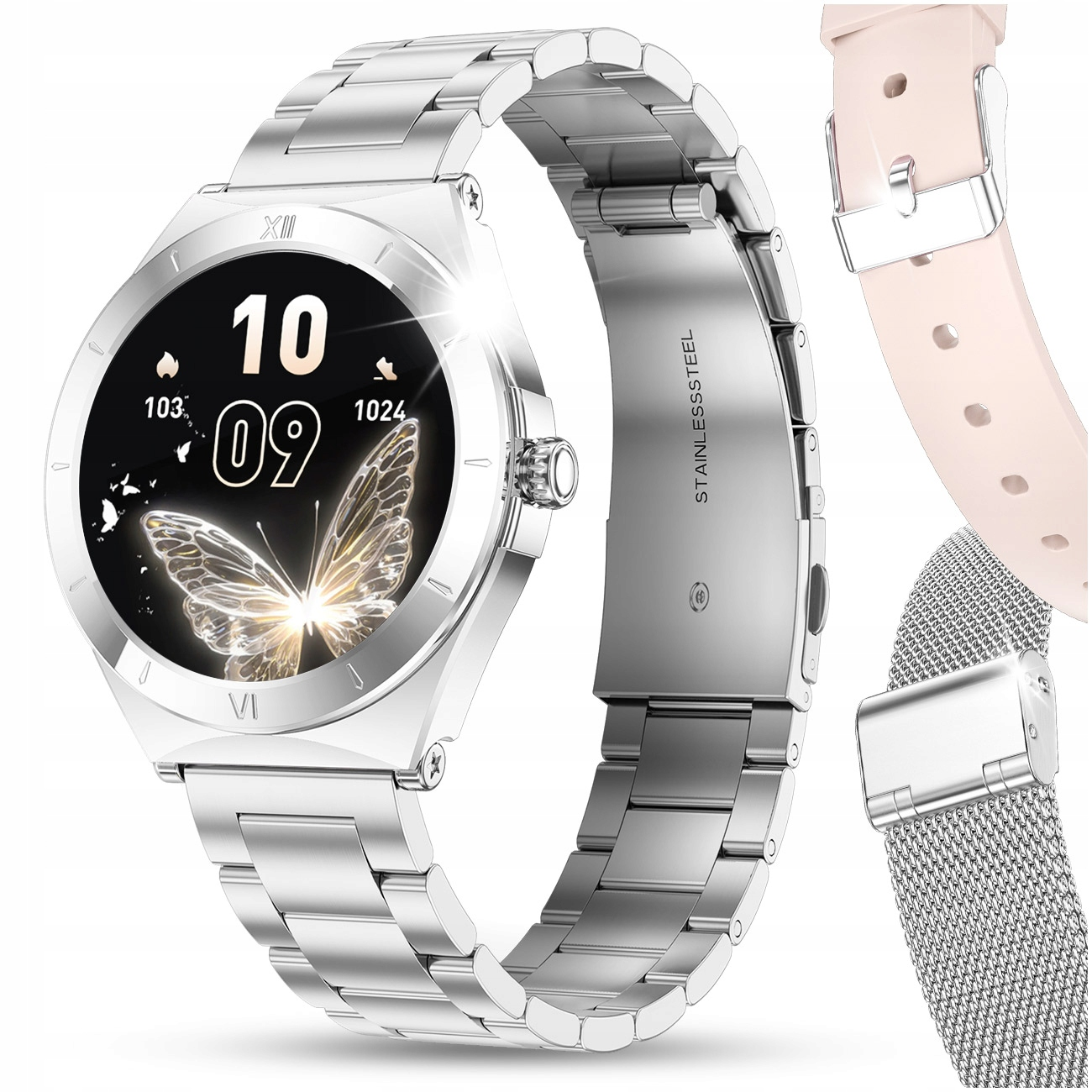 Srebrny smartwatch z wyświetlaczem motyla, obok zapasowych pasków.