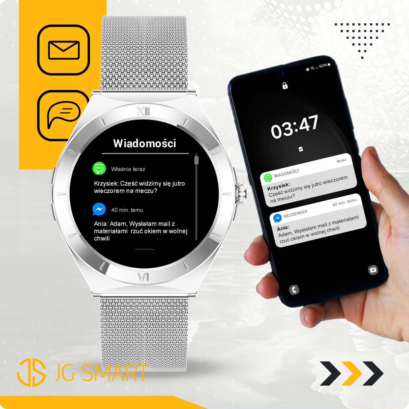 Smartwatch i smartfon wyświetlają wiadomości. Dłoń trzyma smartfona.
