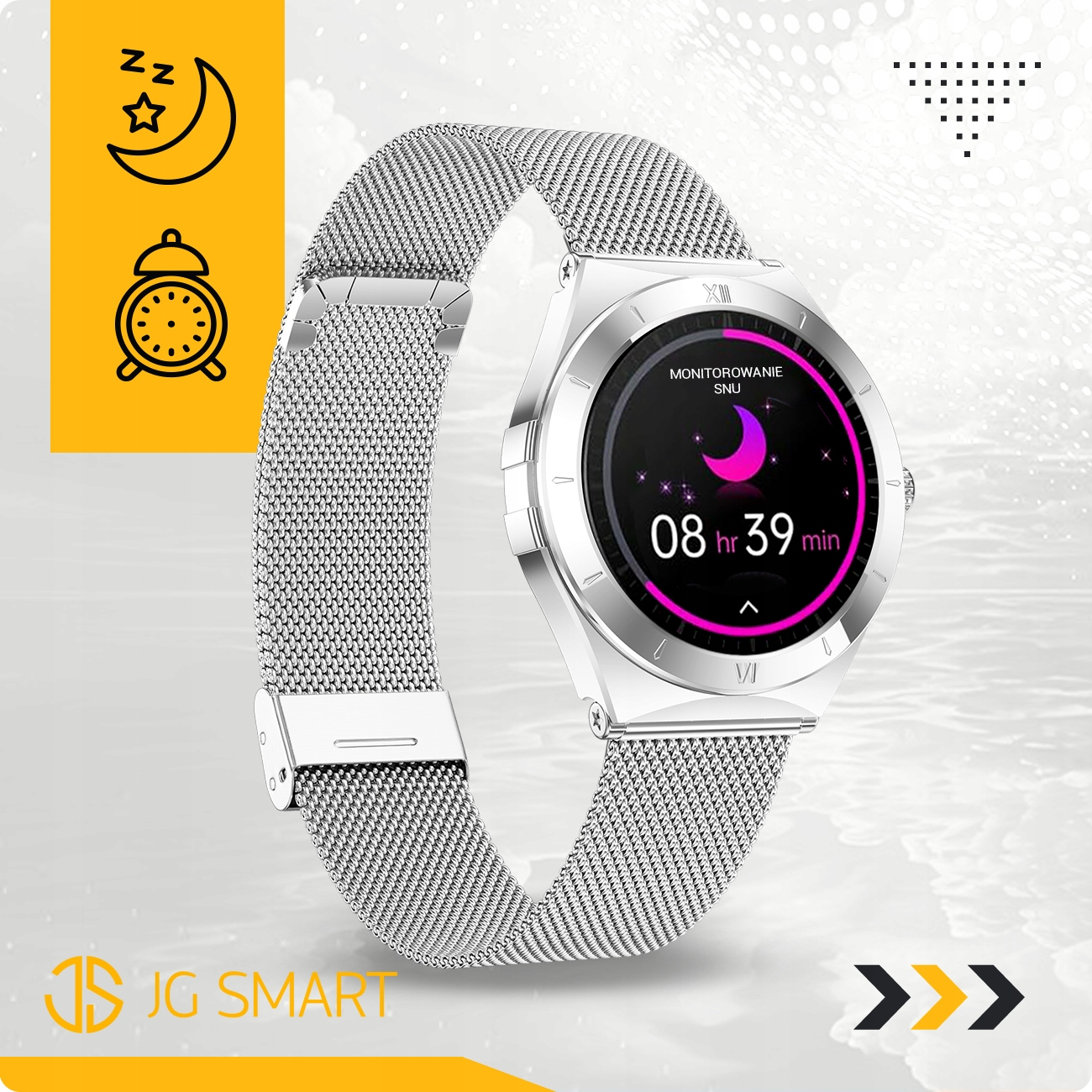 Srebrny smartwatch z paskiem mediolańskim, wyświetla 8:39h snu.