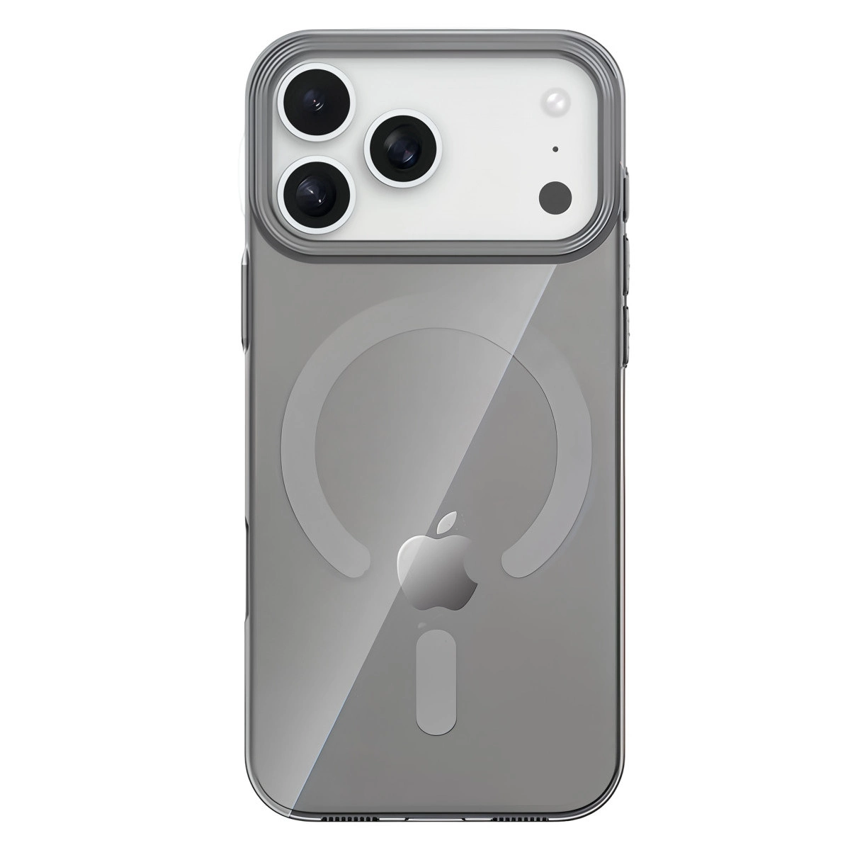 Arkada üç kamera ve Apple logosu bulunan gri iPhone kılıfı.