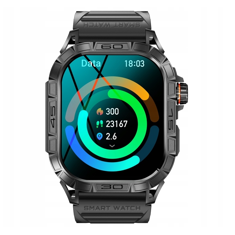 Czarny smartwatch z wyświetlaczem danych: 300, 23167 kroków, 2.6 mil. Godzina 18:03.