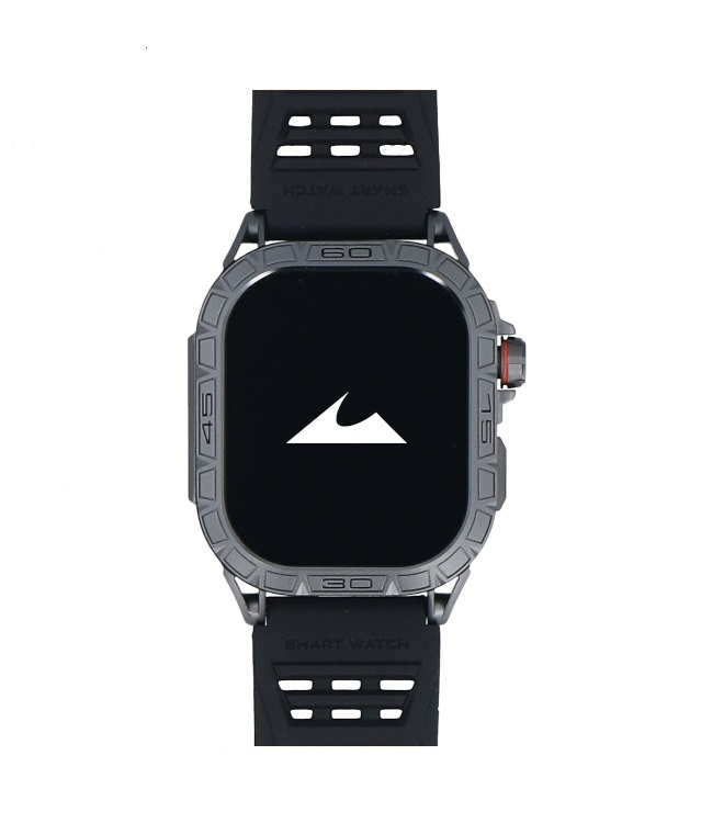 Wytrzymały, szary smartwatch z czarnym paskiem i białym logo górskiej fali na ciemnym ekranie.
