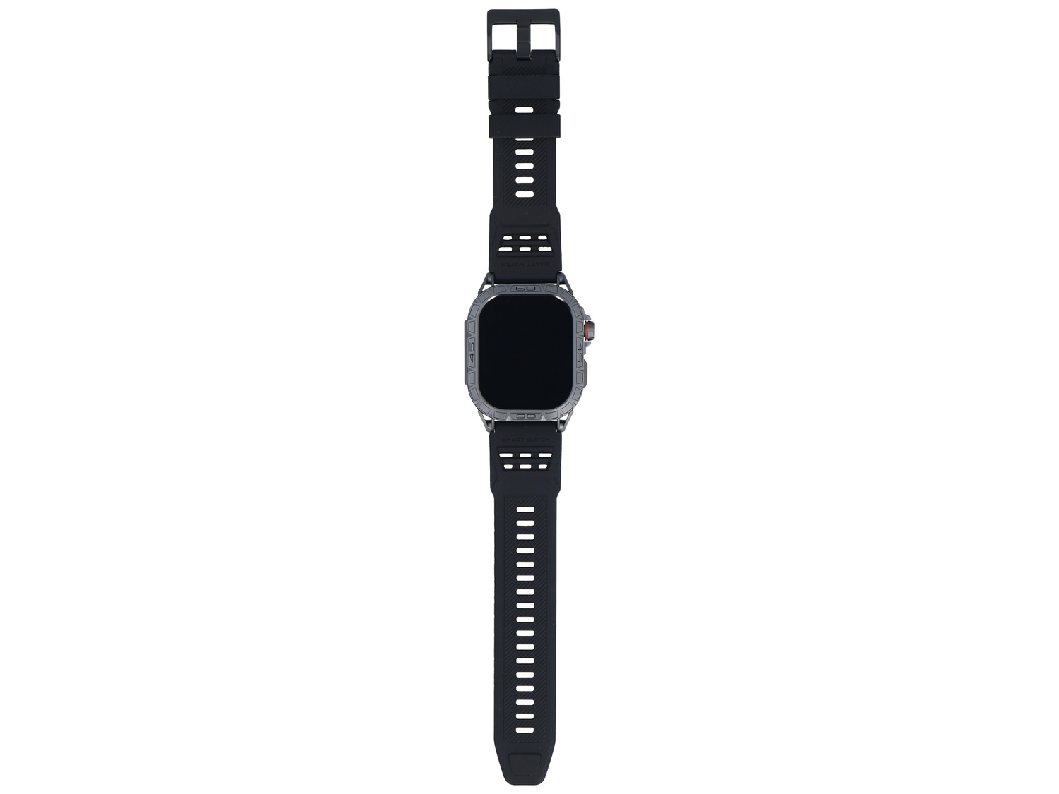 Czarny smartwatch z srebrzystą, wytrzymałą kopertą i czarnym paskiem jest wyświetlany pionowo.
