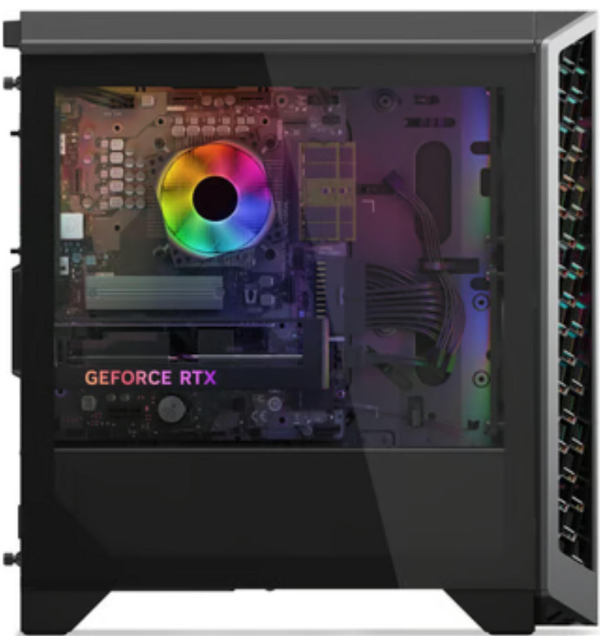 Un case PC nero con frontale in vetro, che mostra una CPU illuminata RGB e una scheda grafica GeForce RTX.