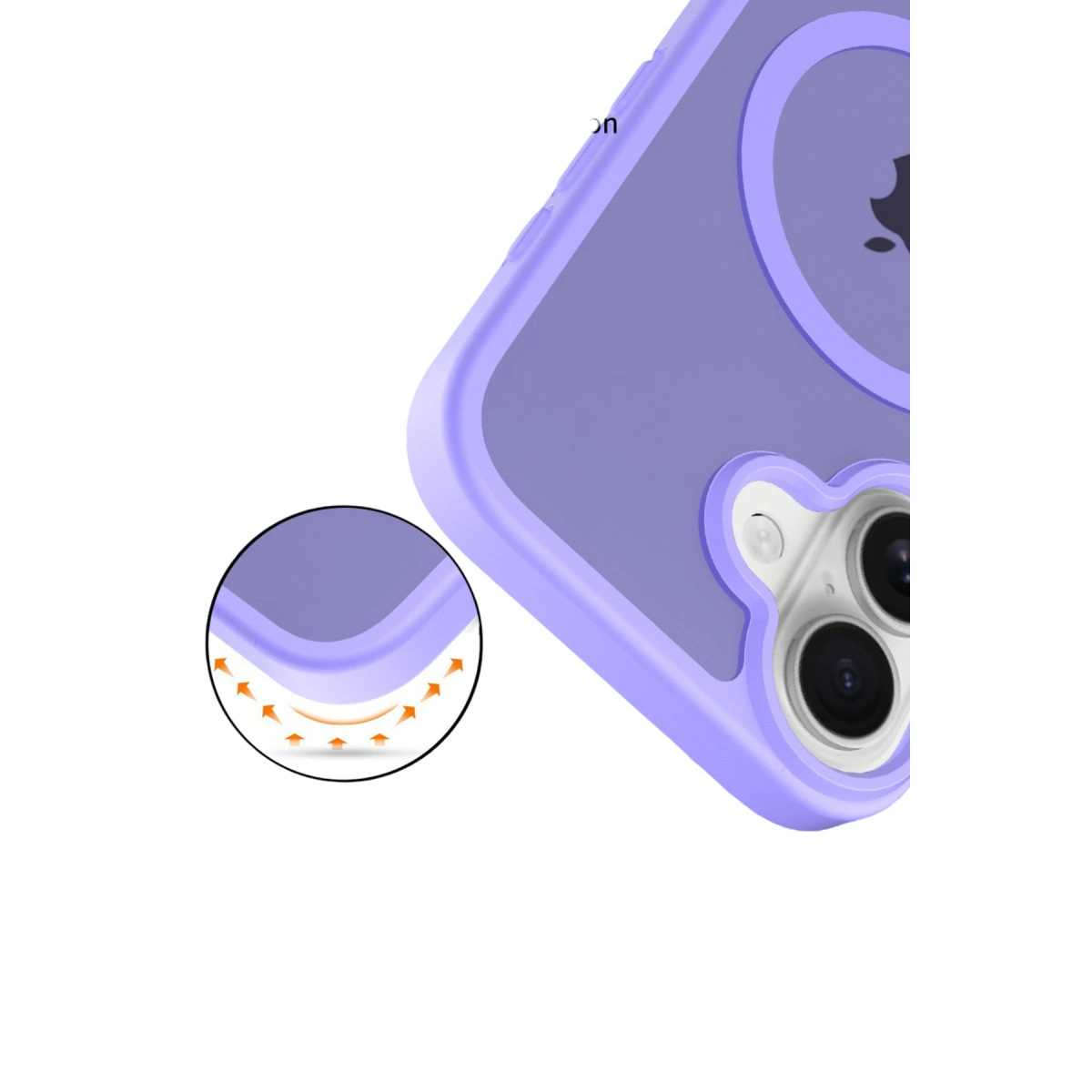 Apple logosu ve kamera kesimli mor iPhone kılıfı. Yakın çekim bükülmeyi gösteriyor.