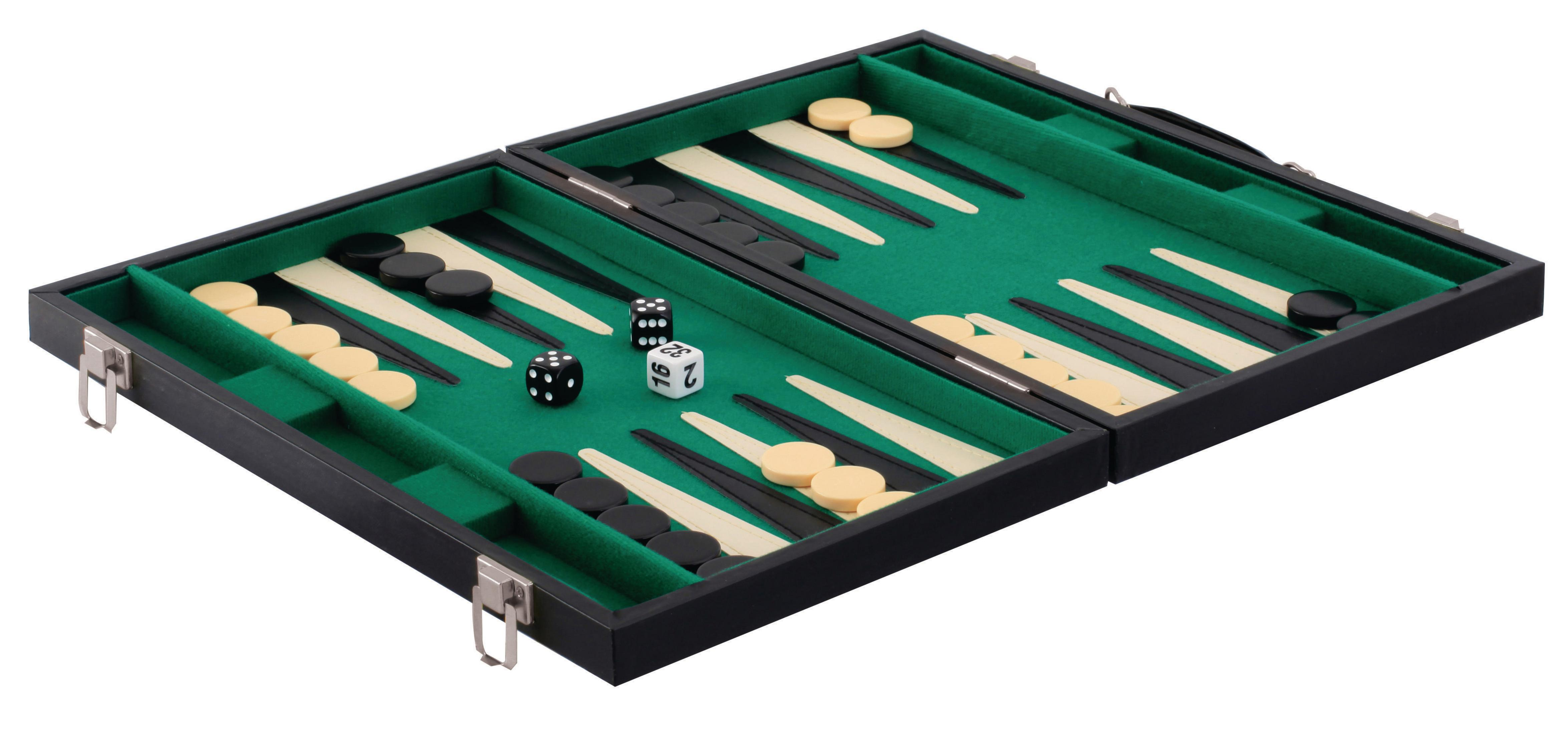Ein offenes Backgammon-Spielbrett mit grünen Filz, schwarzen und cremefarbenen Steinen und Würfeln.
