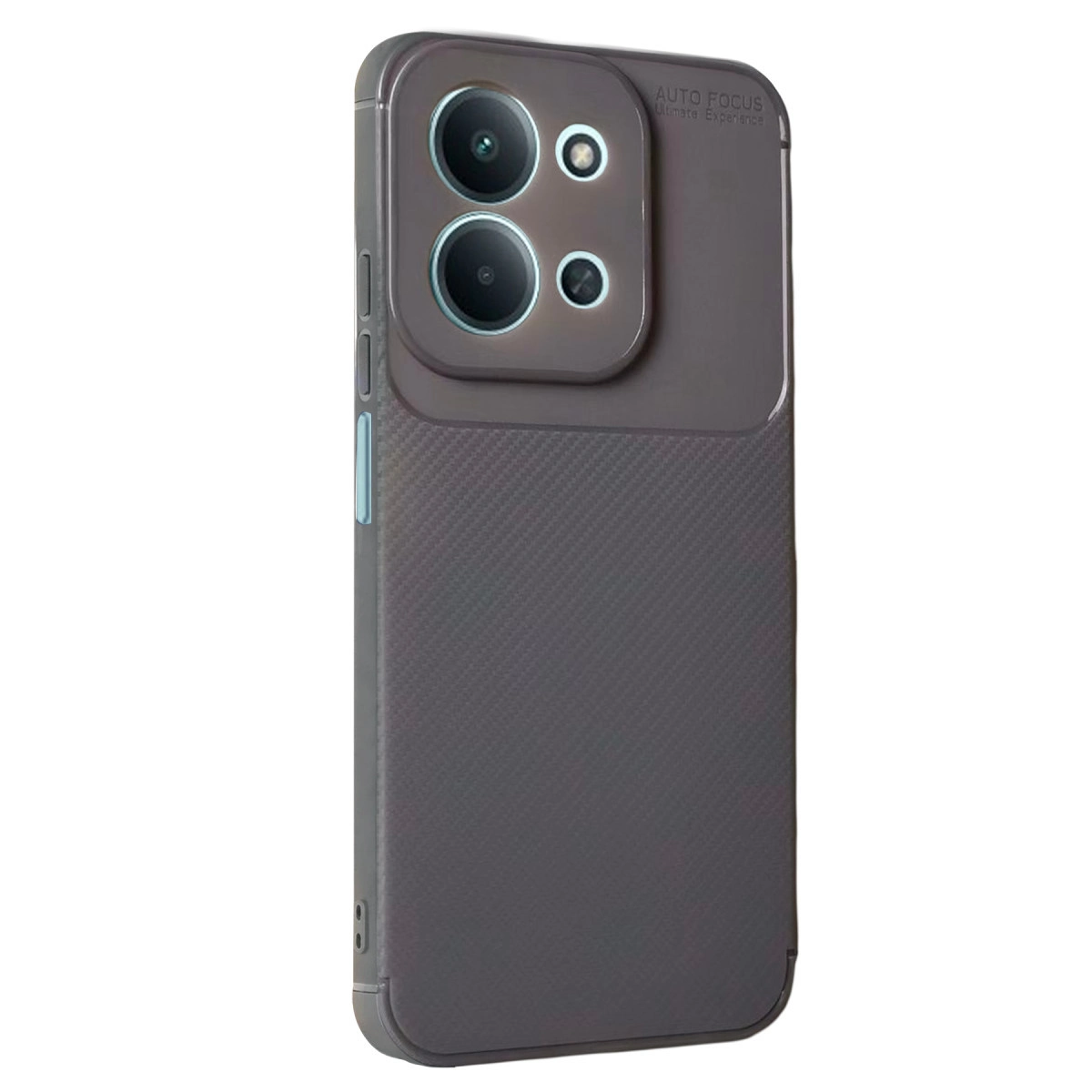 Dörtlü kamera ve karbon fiber desenli koyu gri telefon kılıfı.