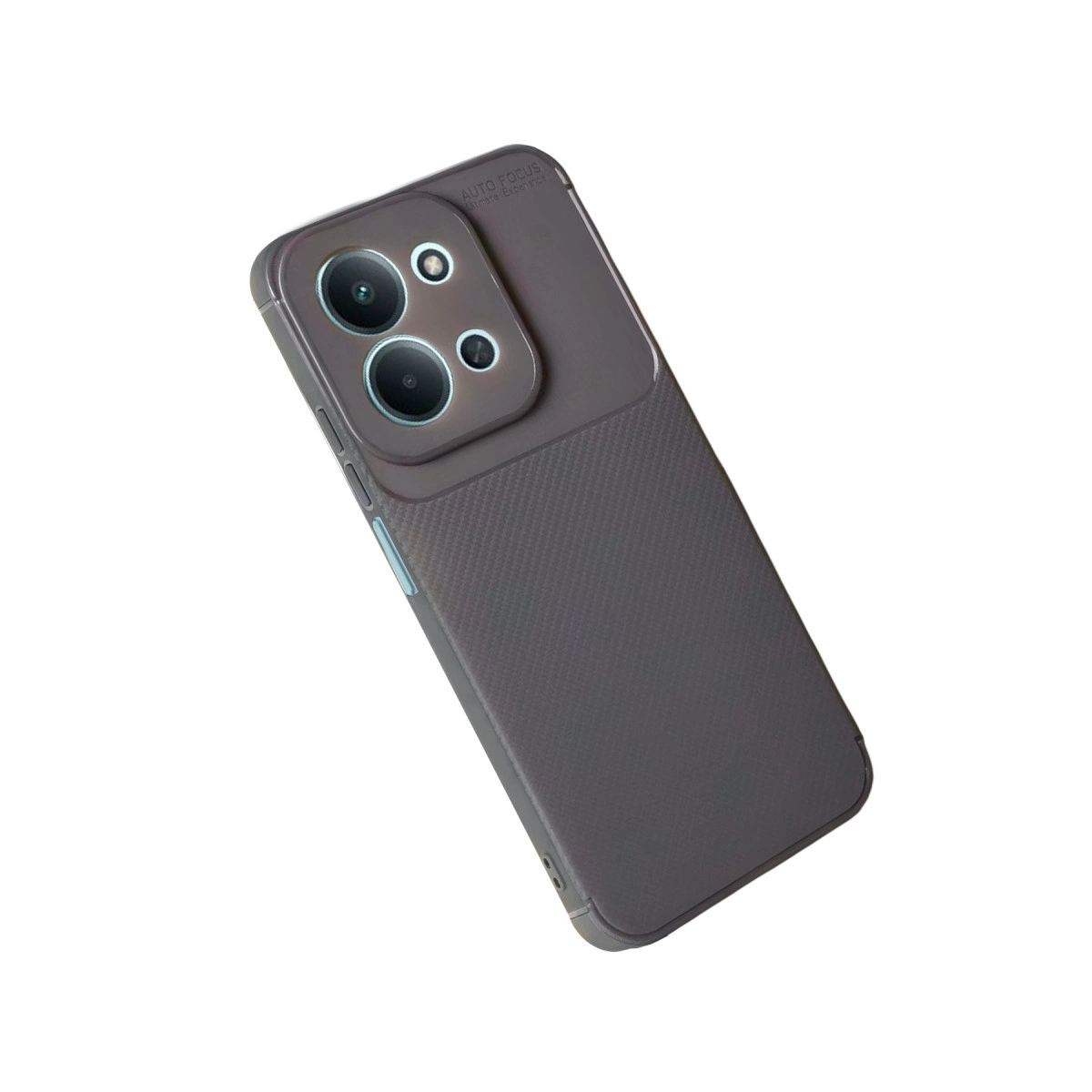 Üçlü kamera ve dokulu arka kapağa sahip koyu gri telefon kılıfı.