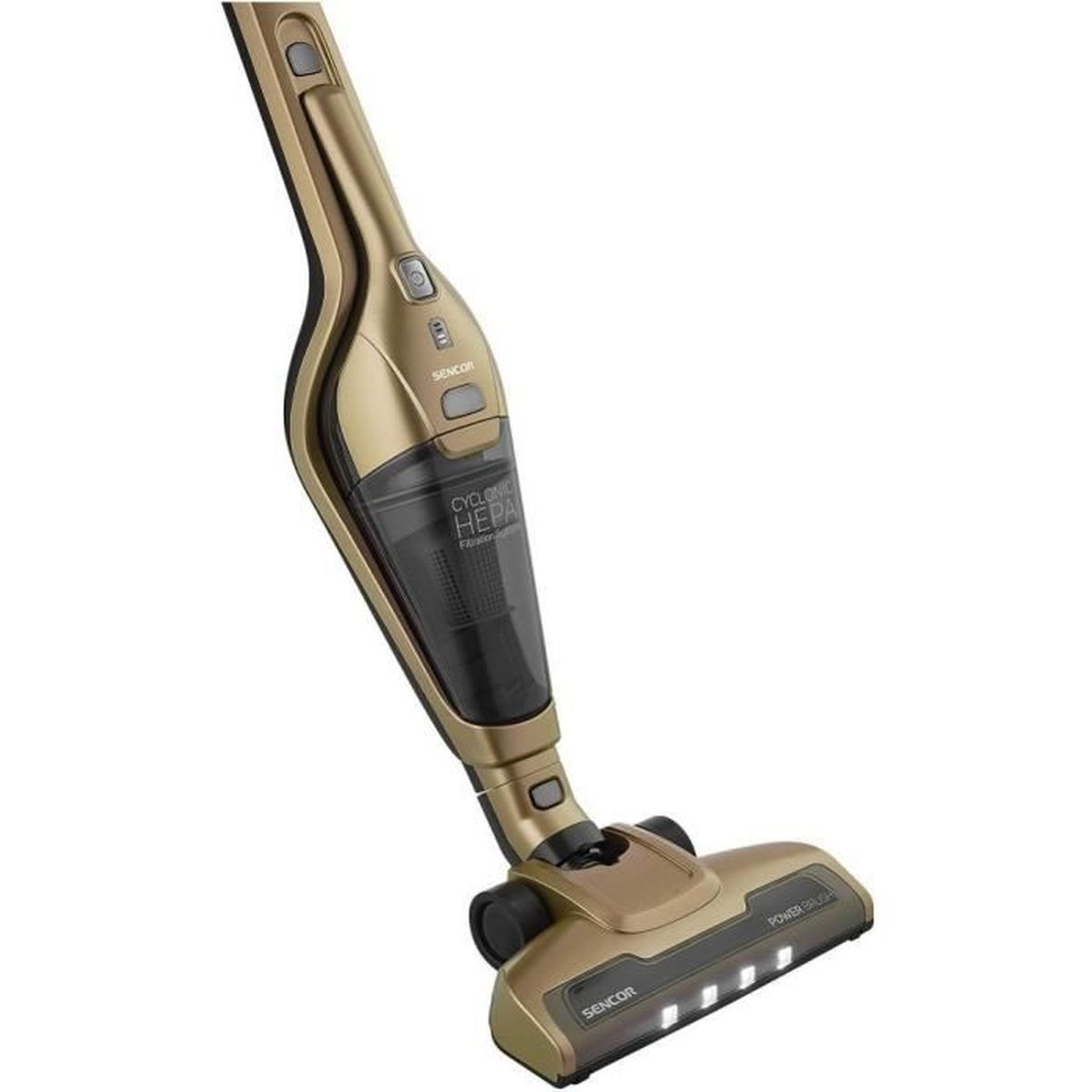 Aspirapolvere cordless dorato con filtro HEPA, su sfondo bianco.