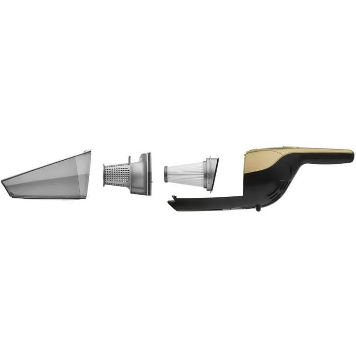 Aspirapolvere portatile smontato: contenitore, porta filtro, filtro e corpo.