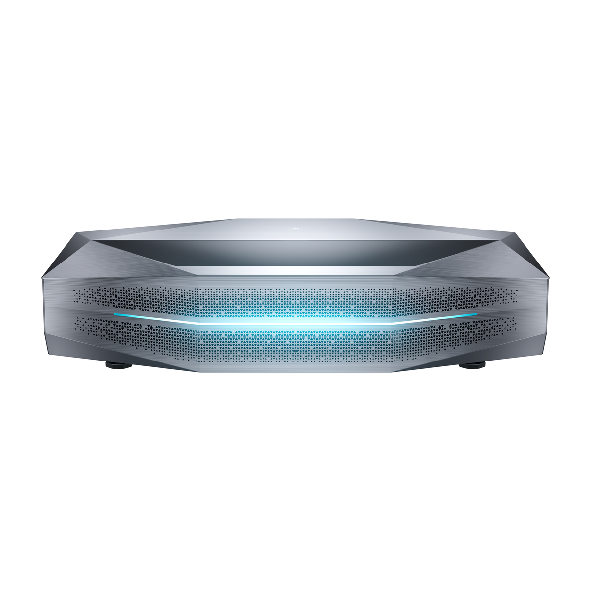 Ein silberner Projektor mit geometrischem Design und blauer LED-Beleuchtung.