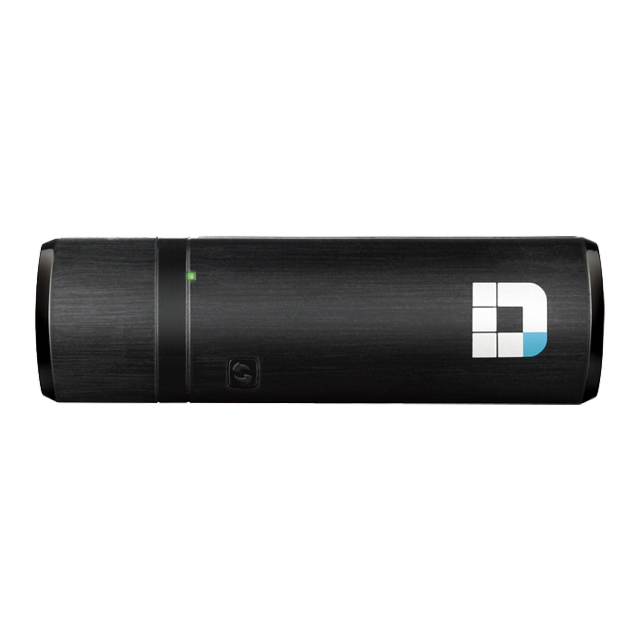 Oggetto cilindrico nero con logo, LED verde e pulsante di accensione.