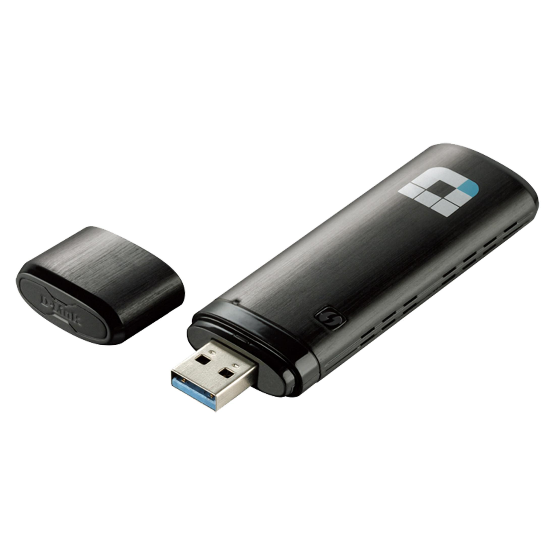 Adattatore Wi-Fi USB nero con cappuccio rimosso, visto di lato.