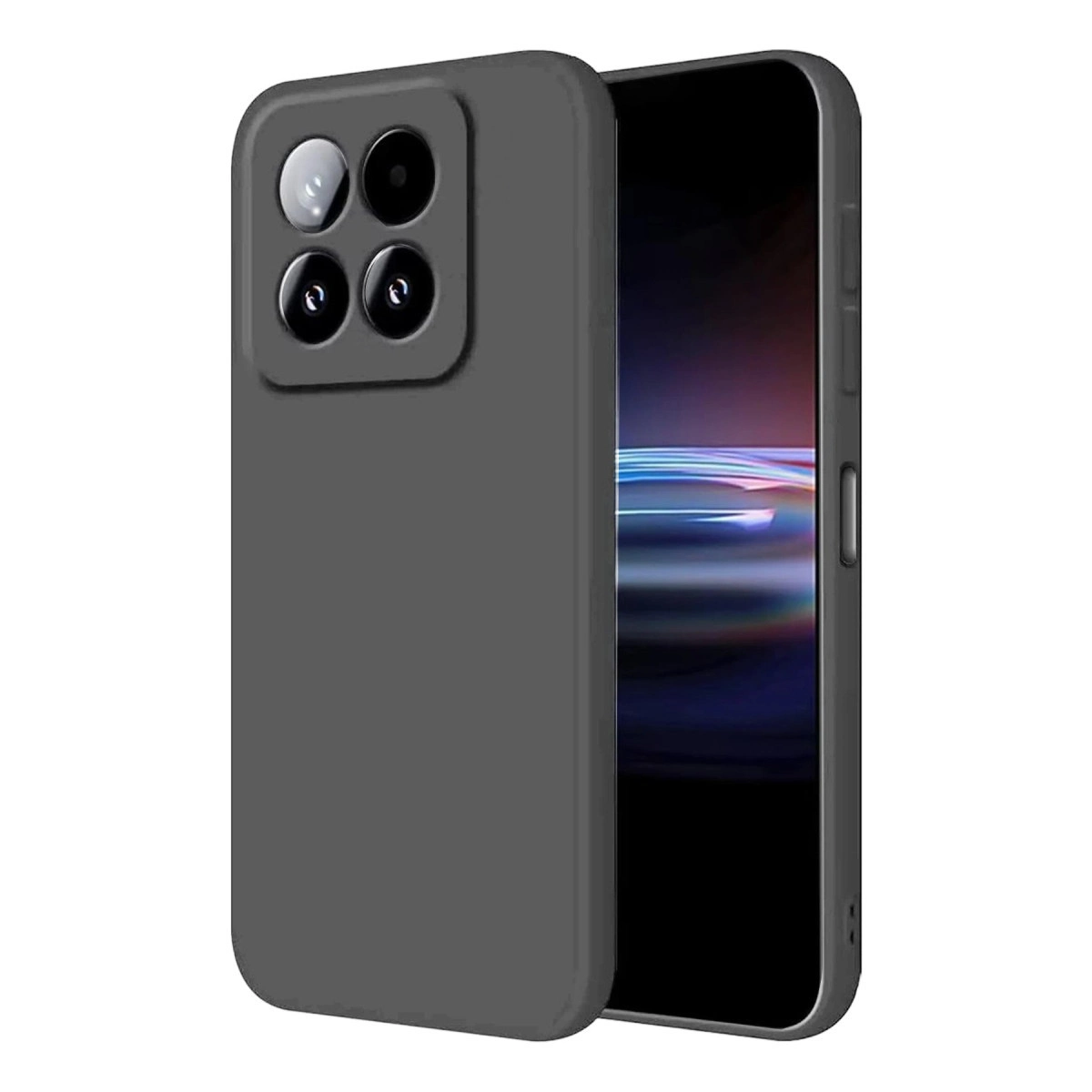 Arkada dört kamera ve parlak ekranı olan koyu renkli bir telefon.