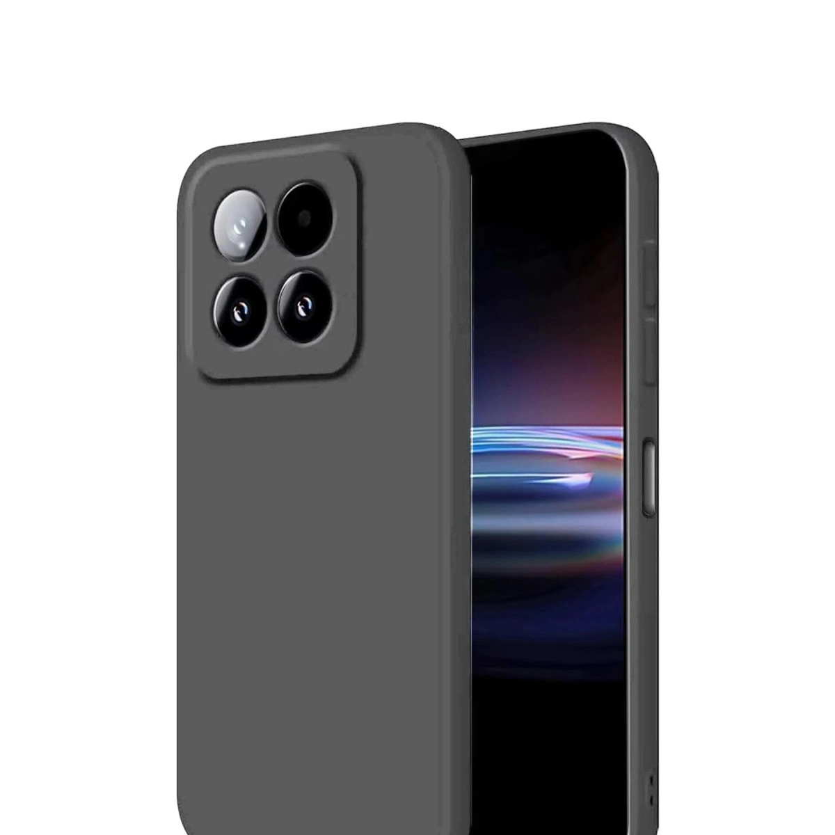 Dörtlü kamera kurulumuna ve ekranın bir kısmına sahip gri telefon kılıfı.