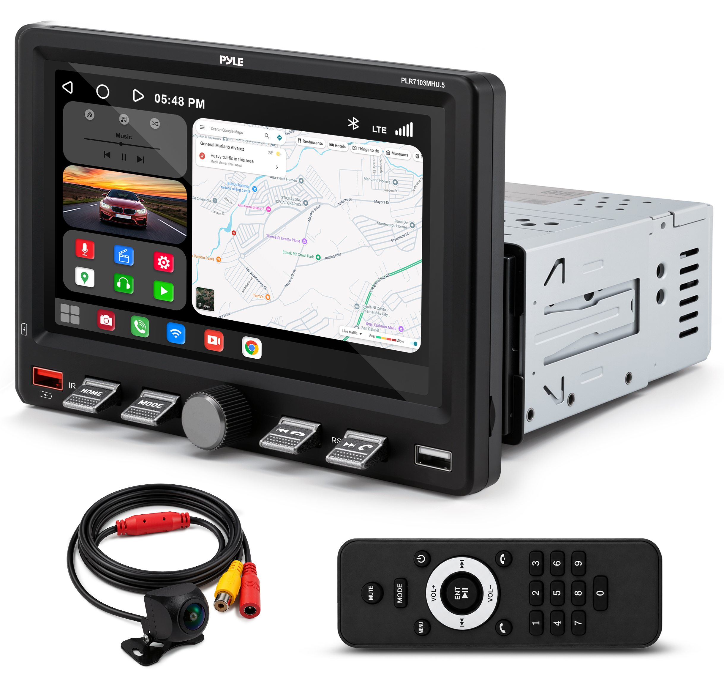 Ein Autoradio mit Touchscreen, Rückfahrkamera, Kabeln und Fernbedienung.