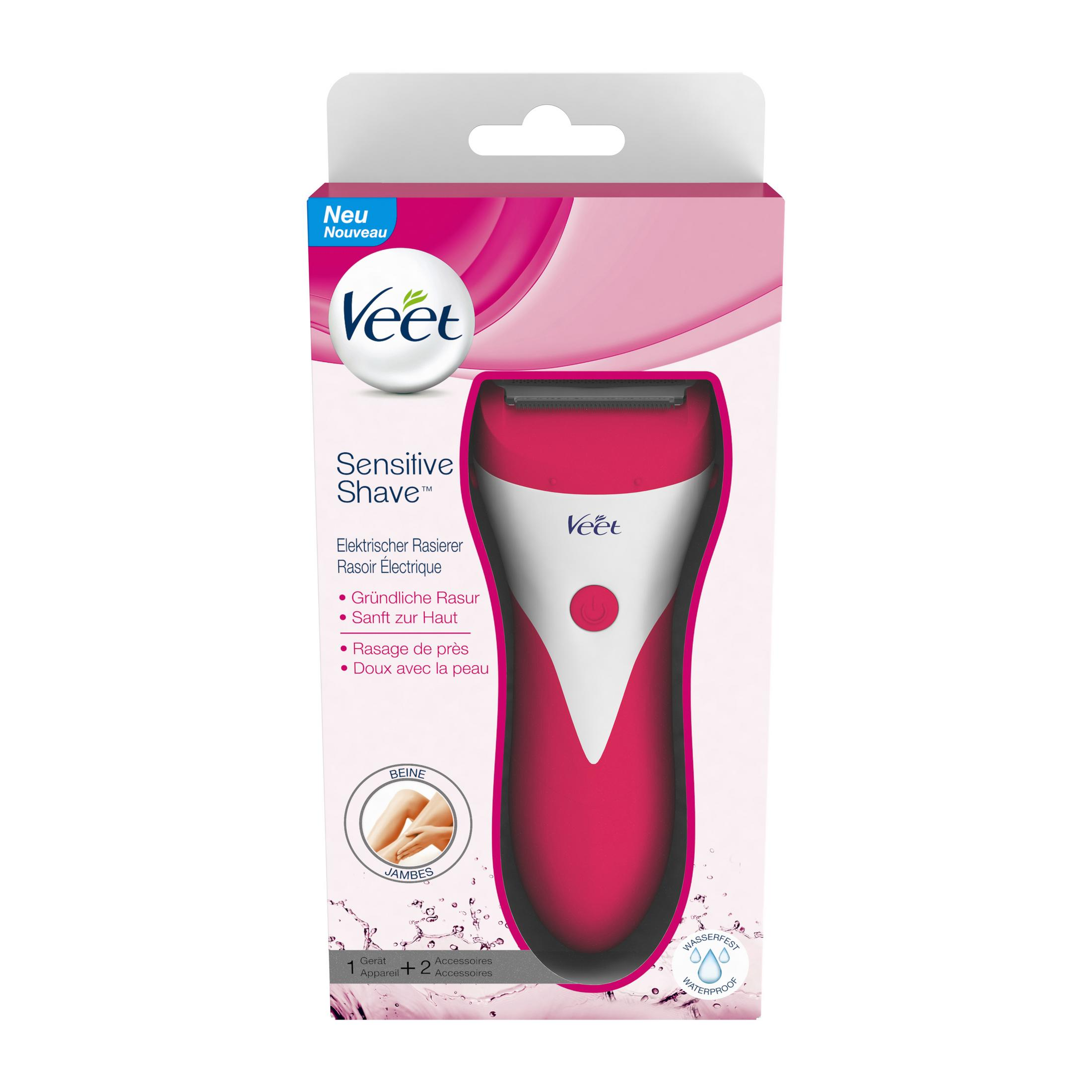 Confezione Veet Sensitive Shave. Rasoio elettrico rosa con accento argento.