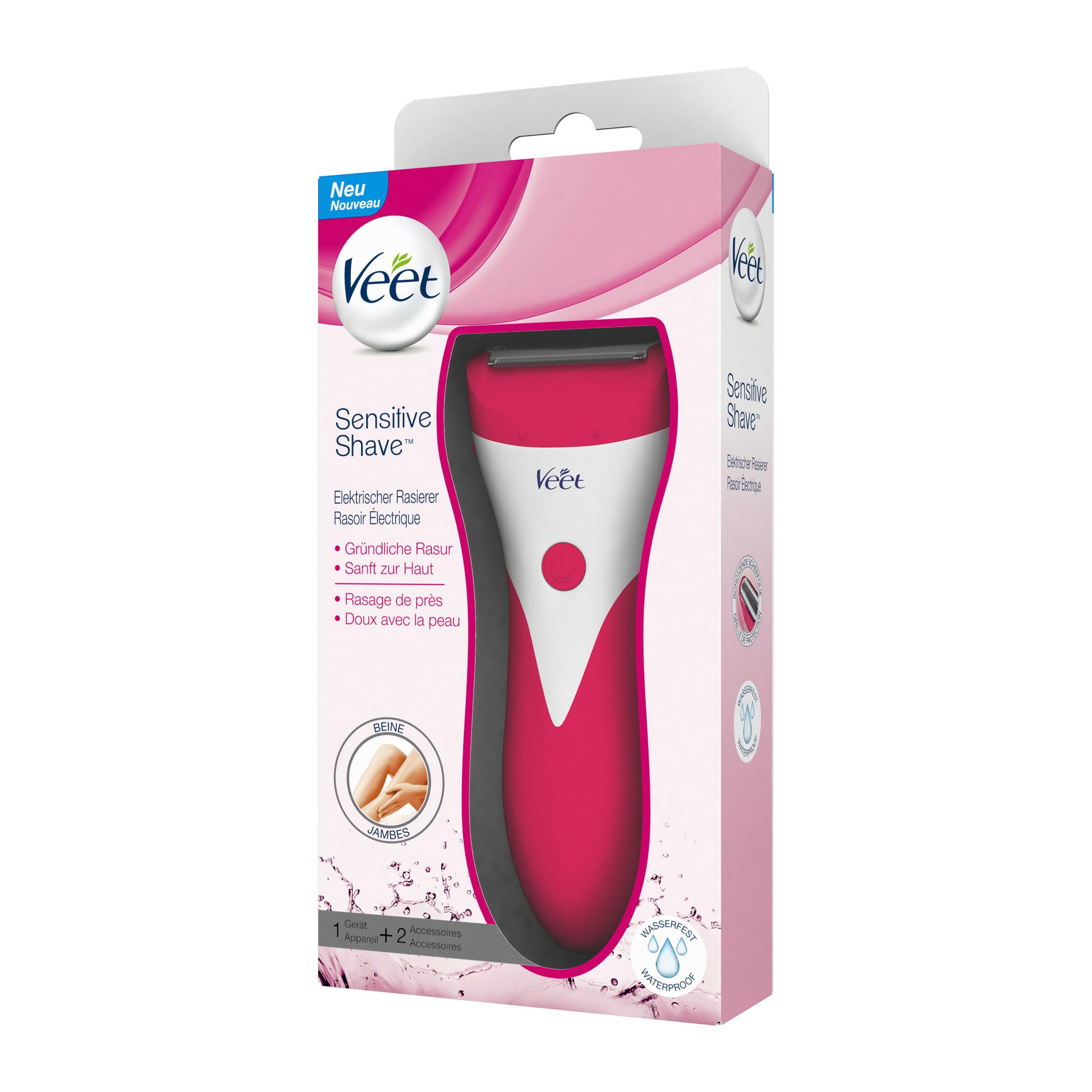 Confezione con un rasoio elettrico Veet Sensitive Shave rosa e accessori.