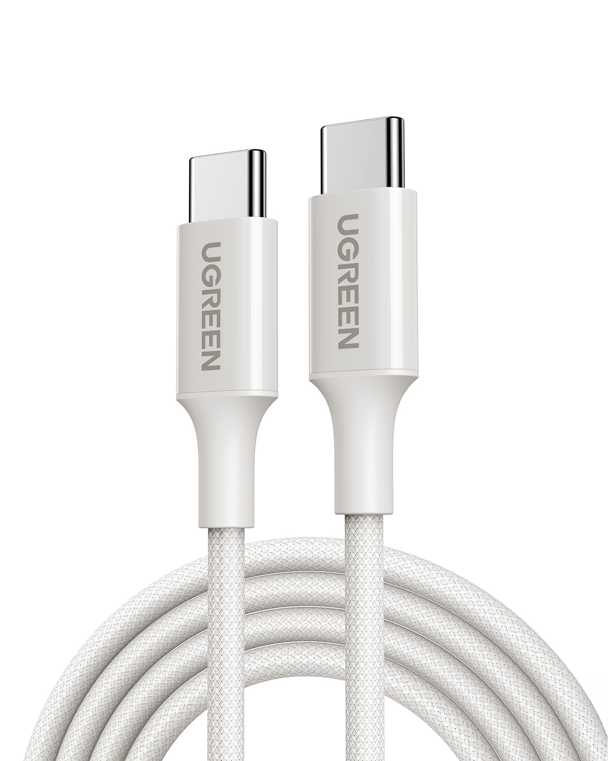 UGREEN logosu ve gümüş konektörlere sahip iki beyaz USB-C kablo.