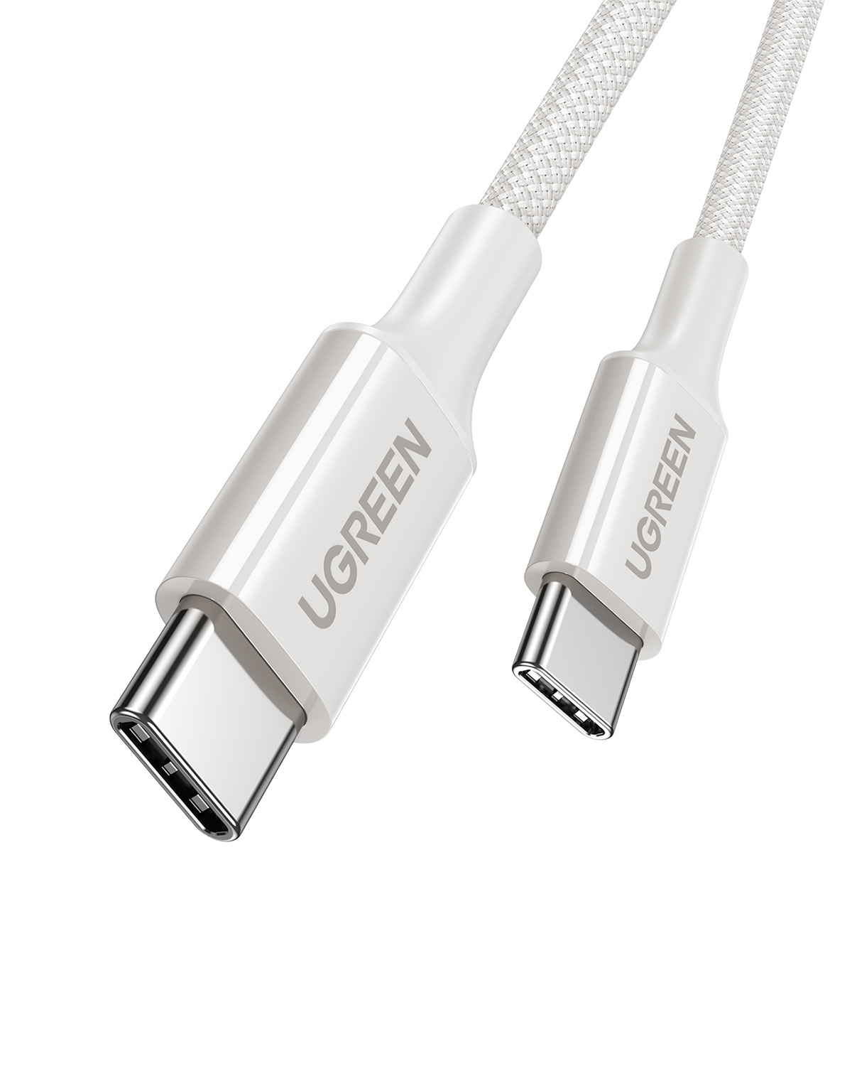 Gümüş konektörlü ve gri logolu iki beyaz USB-C kablosu.