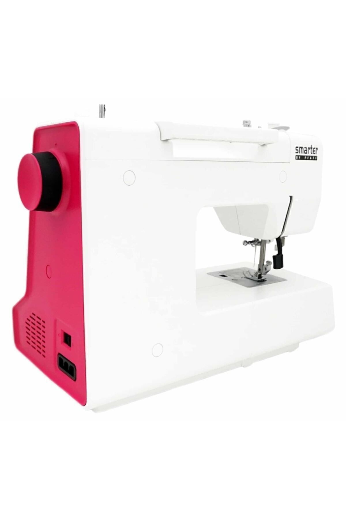 Pembe yan panel ve siyah düğmeli beyaz dikiş makinesi.