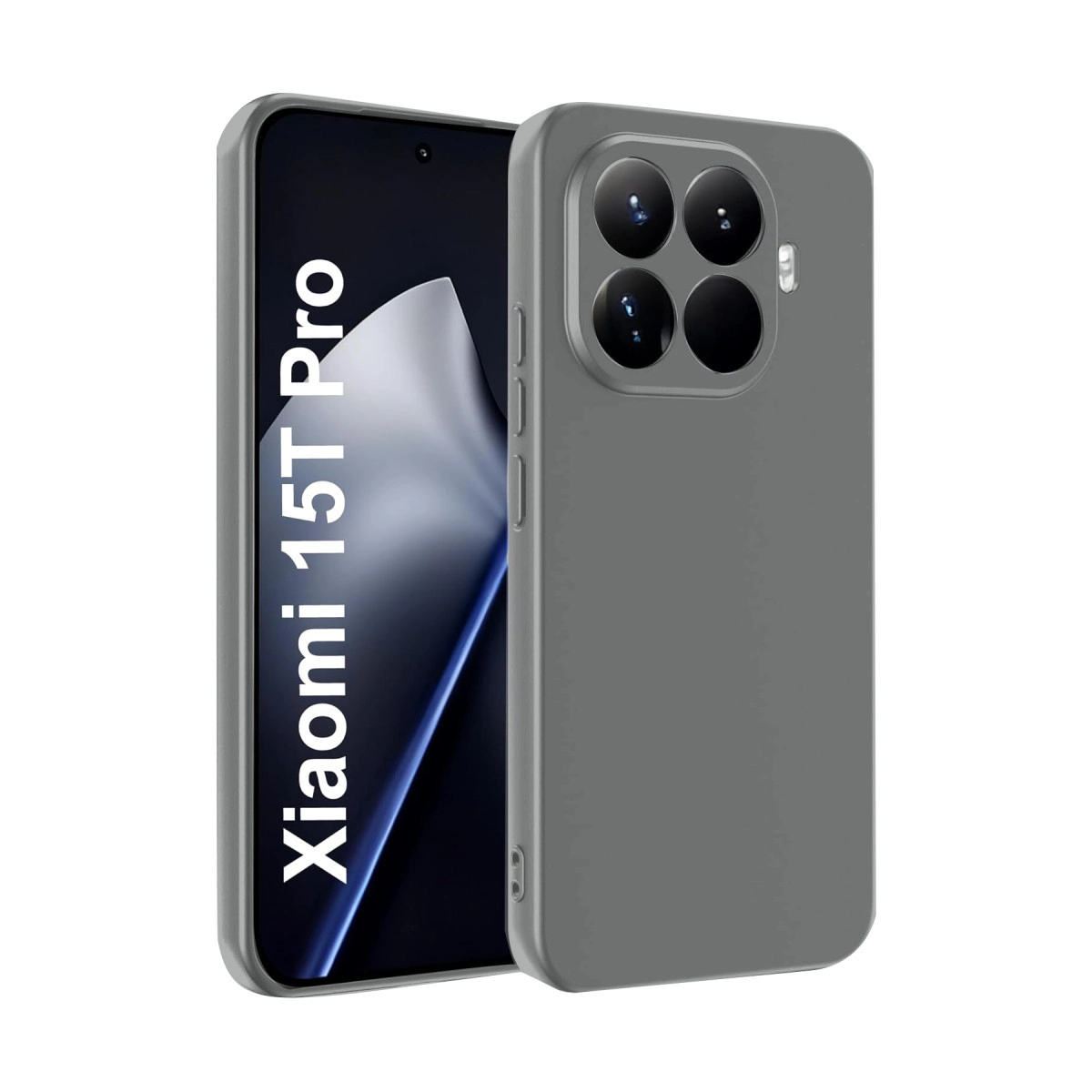 Dört kameralı gri telefon, ekranda Xiaomi 15T Pro yazısı. Beyaz arka plan.