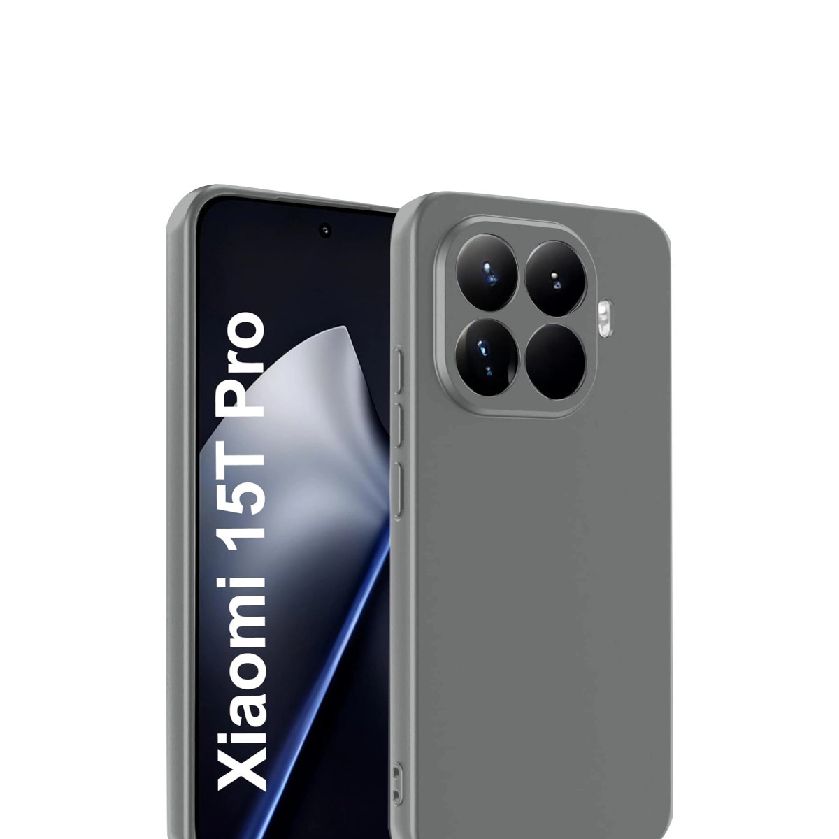 Beyaz arka plan üzerinde dört kamera lensi kesimli gri telefon kılıfı.