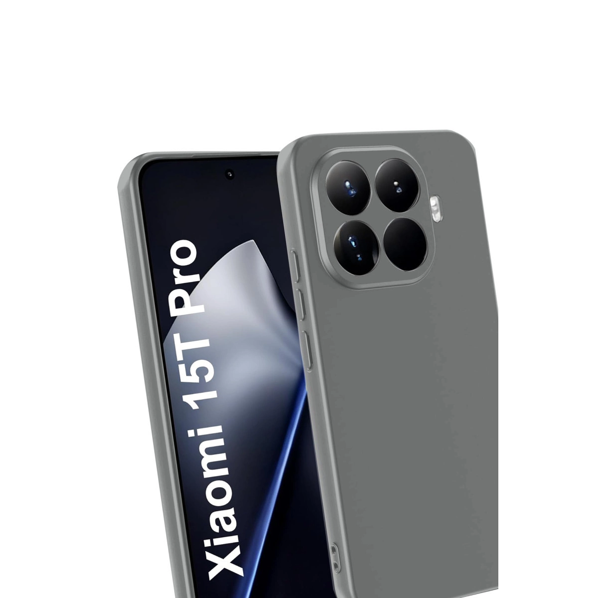 Arkada dört kamerası olan gri telefon kılıfı, bir akıllı telefonun yanında.