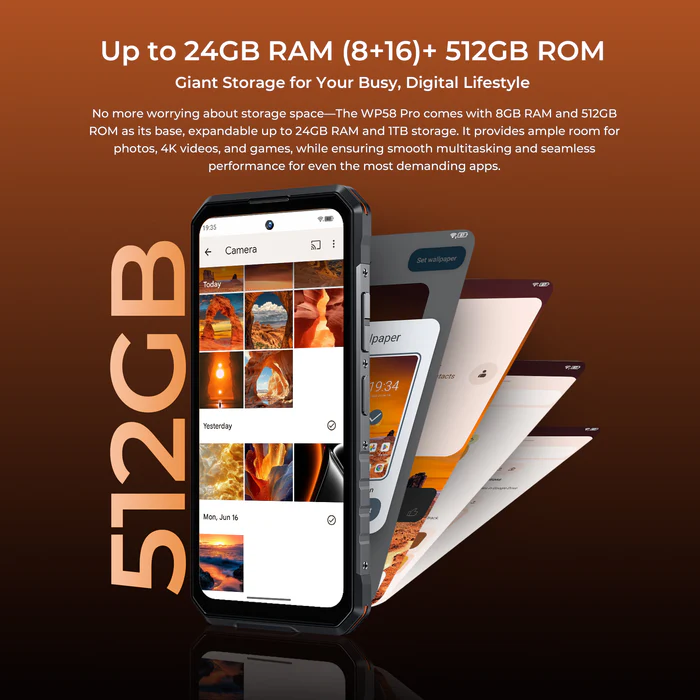 Un smartphone con gran almacenamiento que muestra aplicaciones y fotos.