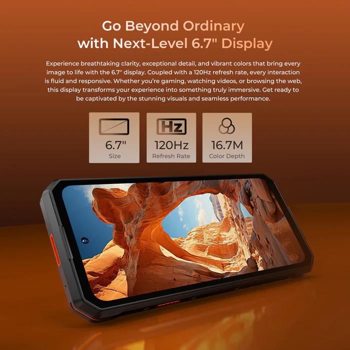 Un smartphone robusto con pantalla de 6,7 pulgadas que muestra un cañón.