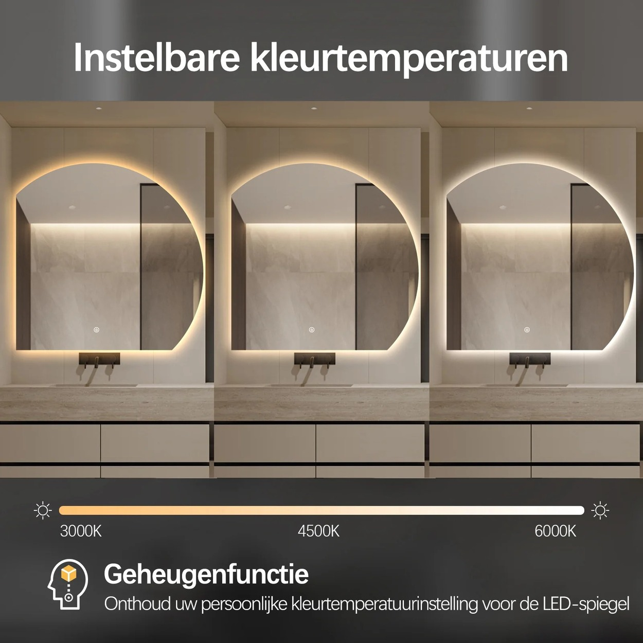Drie spiegels tonen verschillende lichtkleuren van warm wit tot koel wit.