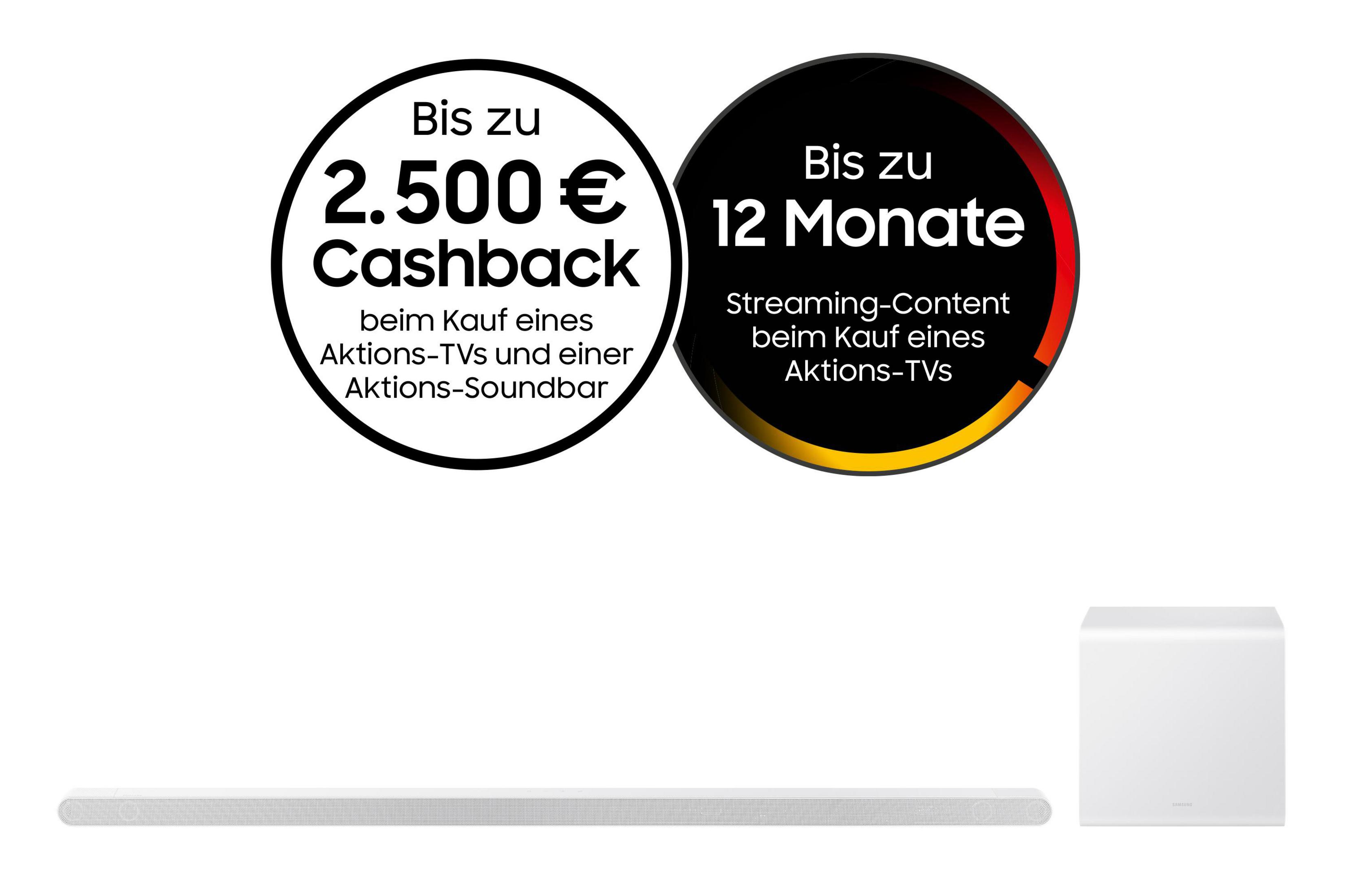 Weiße Soundbar und Subwoofer mit Angeboten für Cashback und Streaming.