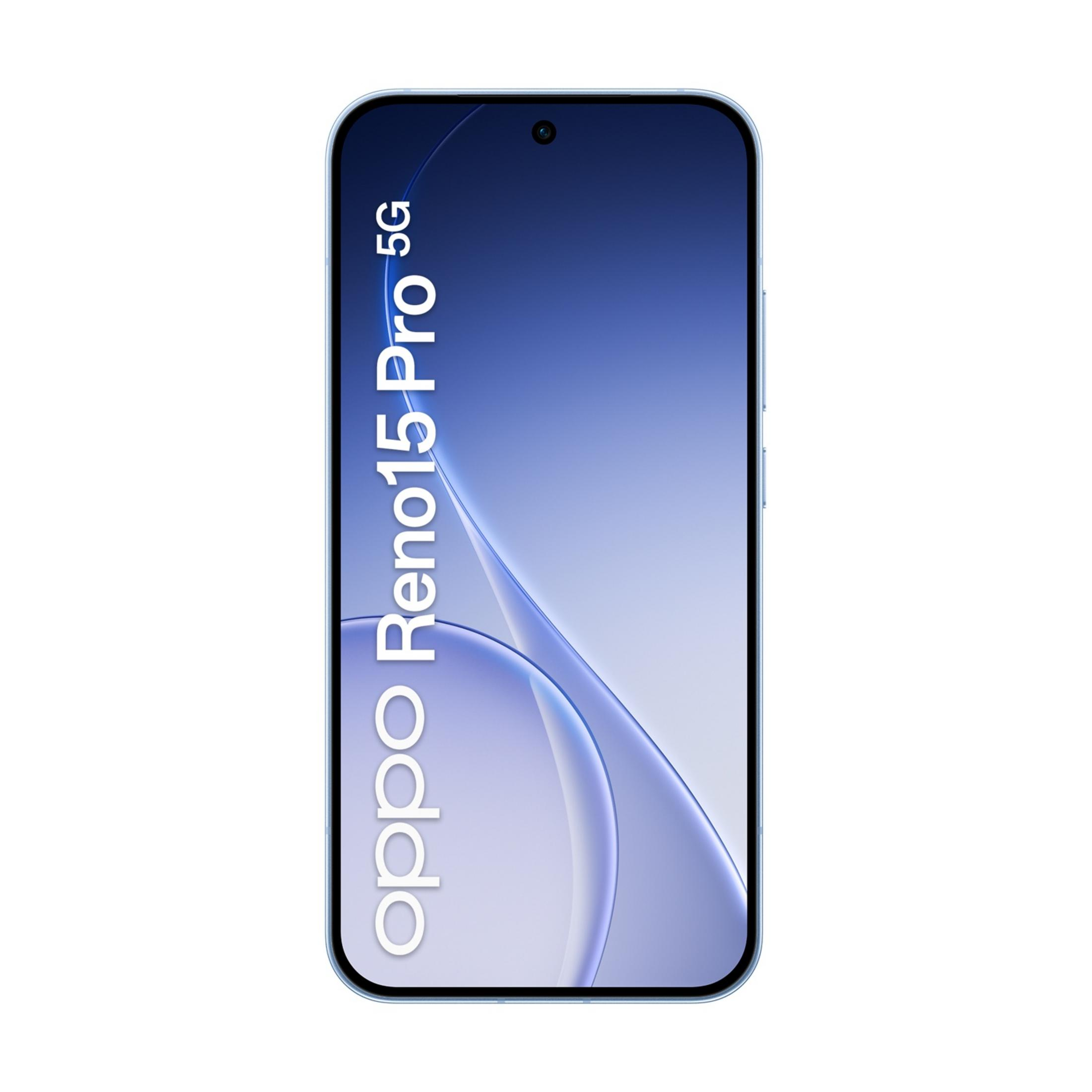 Ein blaues Smartphone mit "oppo Reno15 Pro 5G" auf dem Bildschirm.