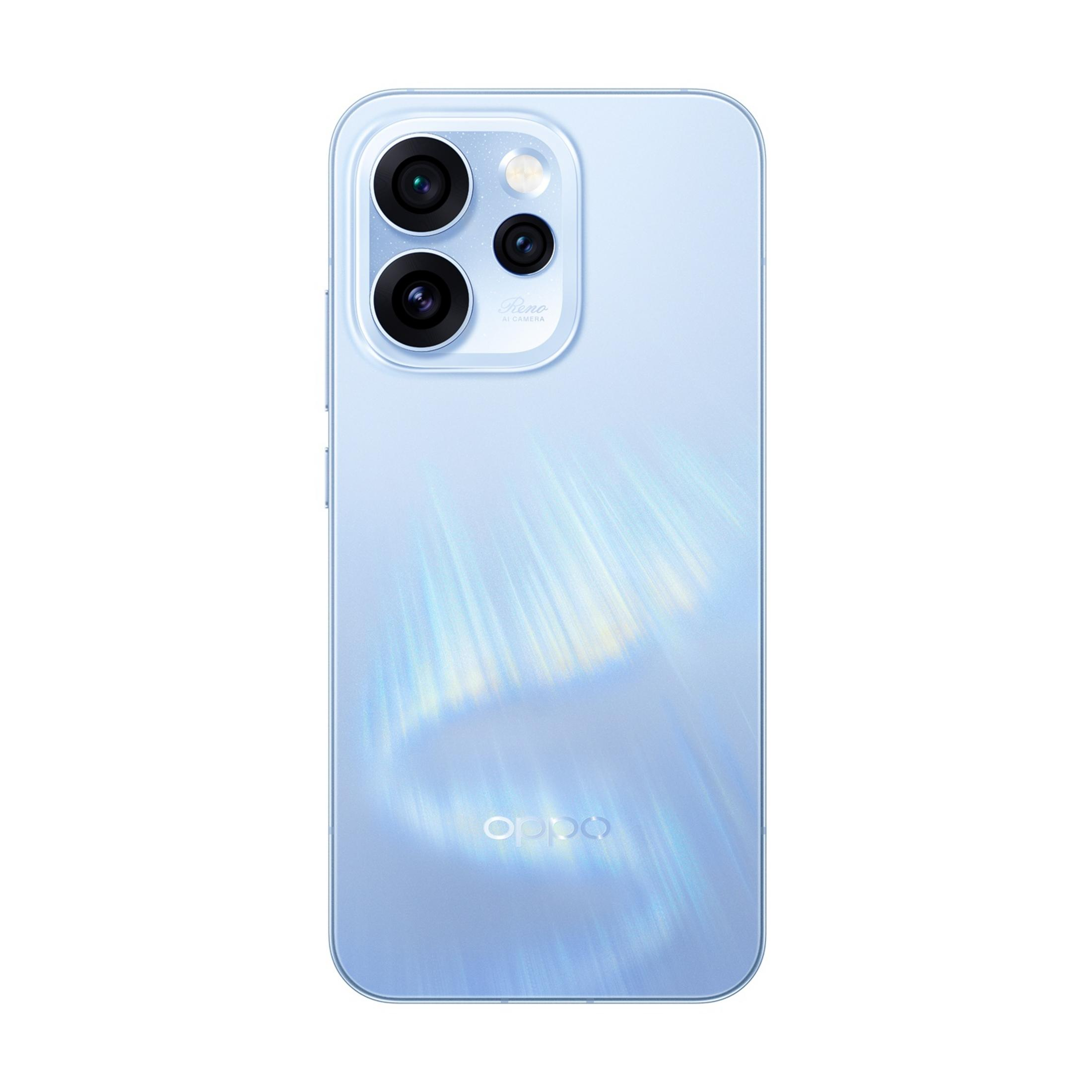 Ein hellblaues Smartphone mit drei Kameras und dem Oppo-Logo.